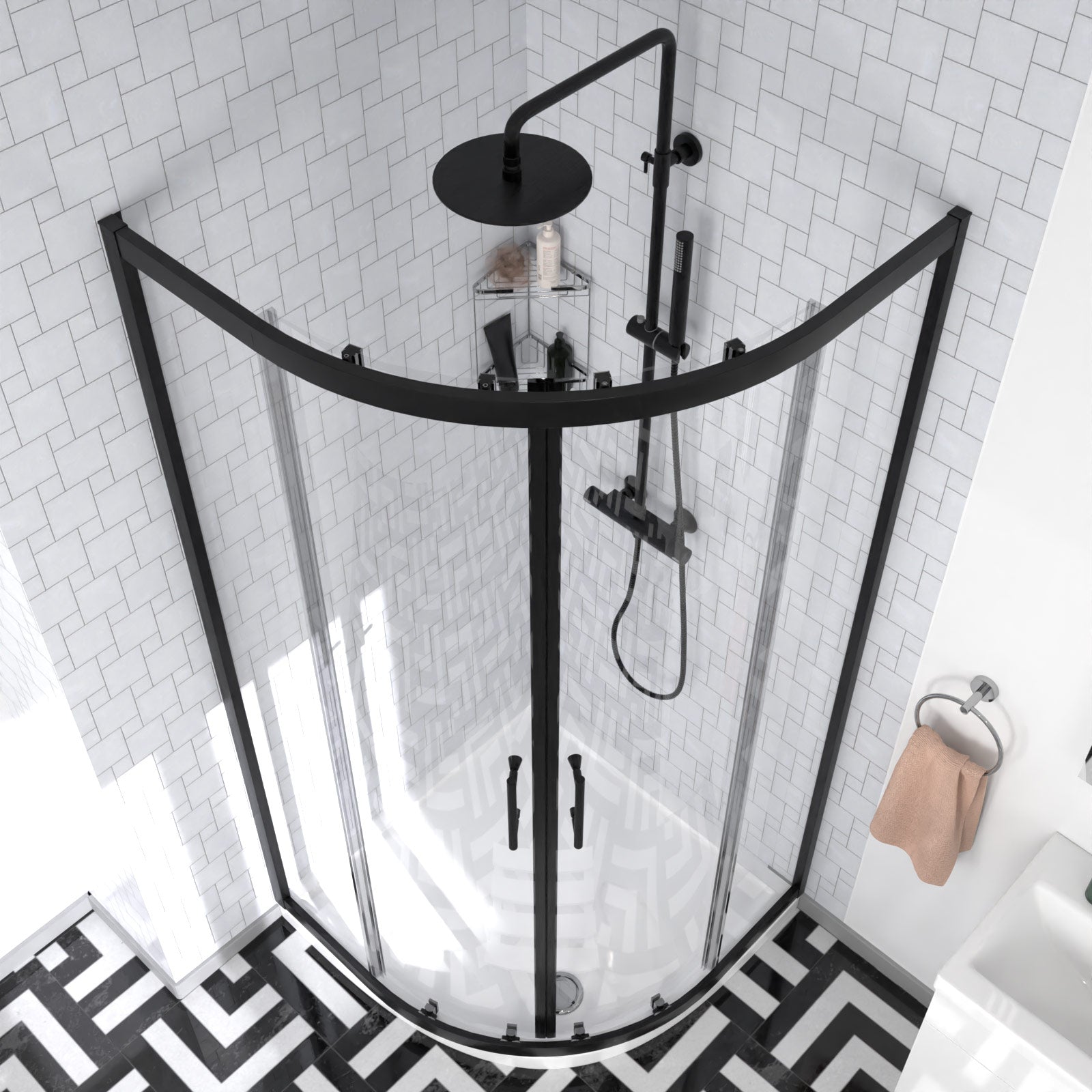 Nanuya Matte Black Quadrant Shower Enclosure with Basin Vanity, Close Coupled Toilet