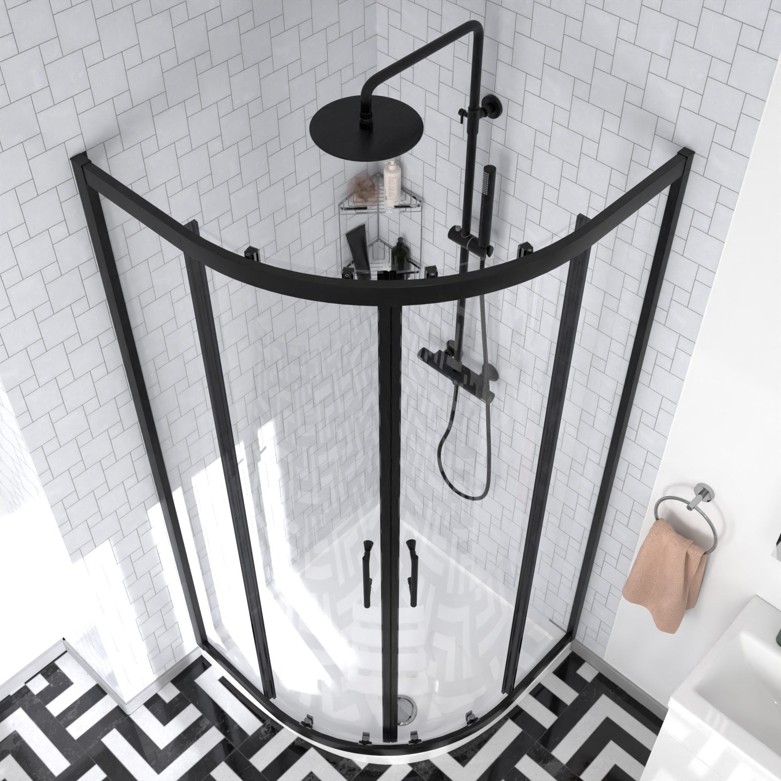 Nanuya Matte Black Quadrant Shower Enclosure with Basin Vanity, Close Coupled Toilet