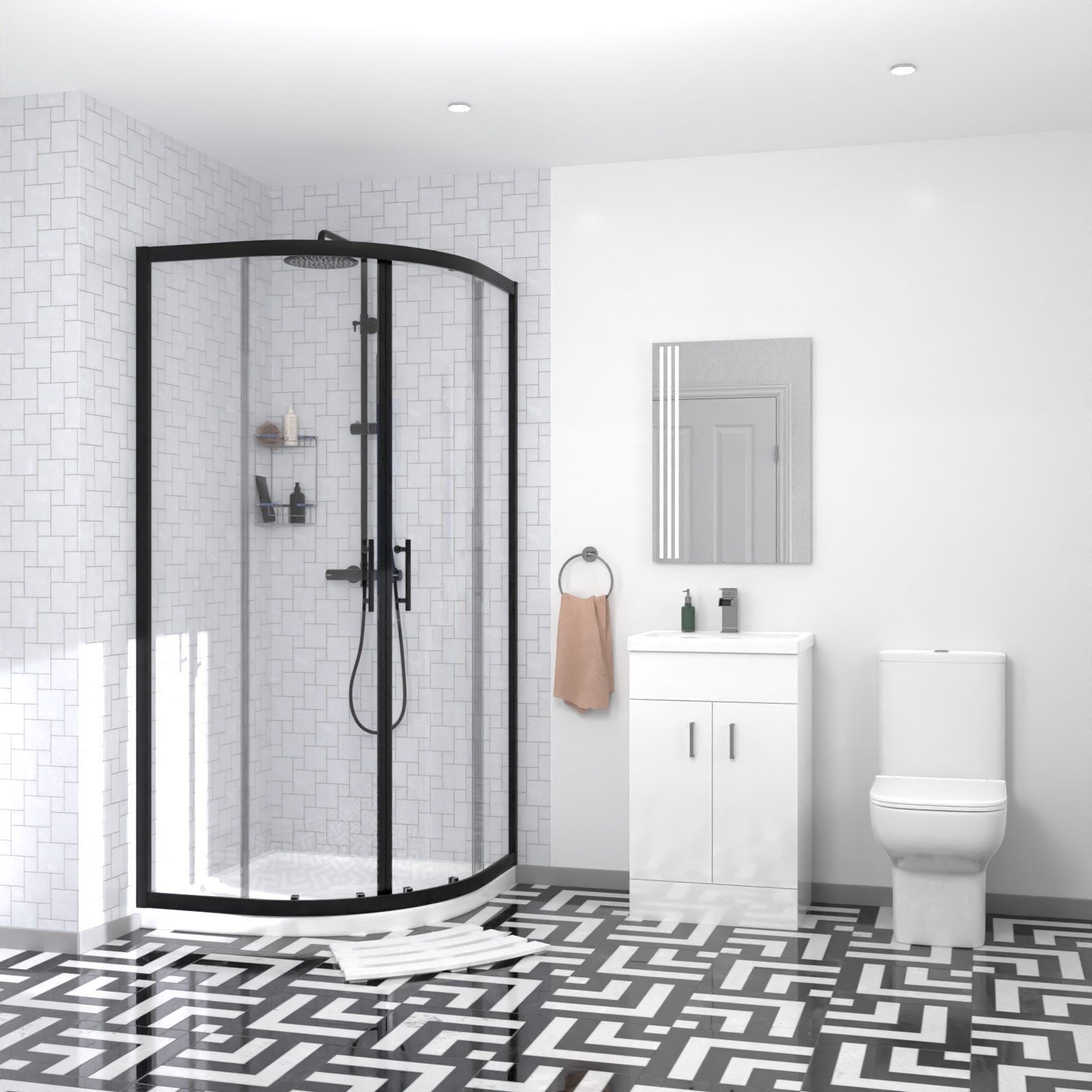 Nanuya Matte Black Quadrant Shower Enclosure with Basin Vanity, Close Coupled Toilet