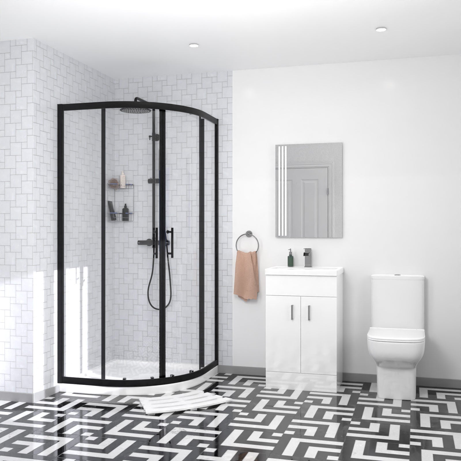 Nanuya Matte Black Quadrant Shower Enclosure with Basin Vanity, Close Coupled Toilet