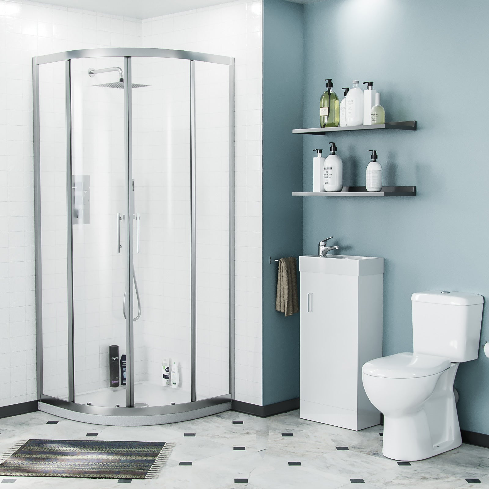 Lindley 3-Piece White Shower Enclosure Suite - 900mm Quadrant Shower Enclosure with Tray, Close Coupled WC Toilet with Seat and Floorstanding 400 mm Vanity Basin Unit