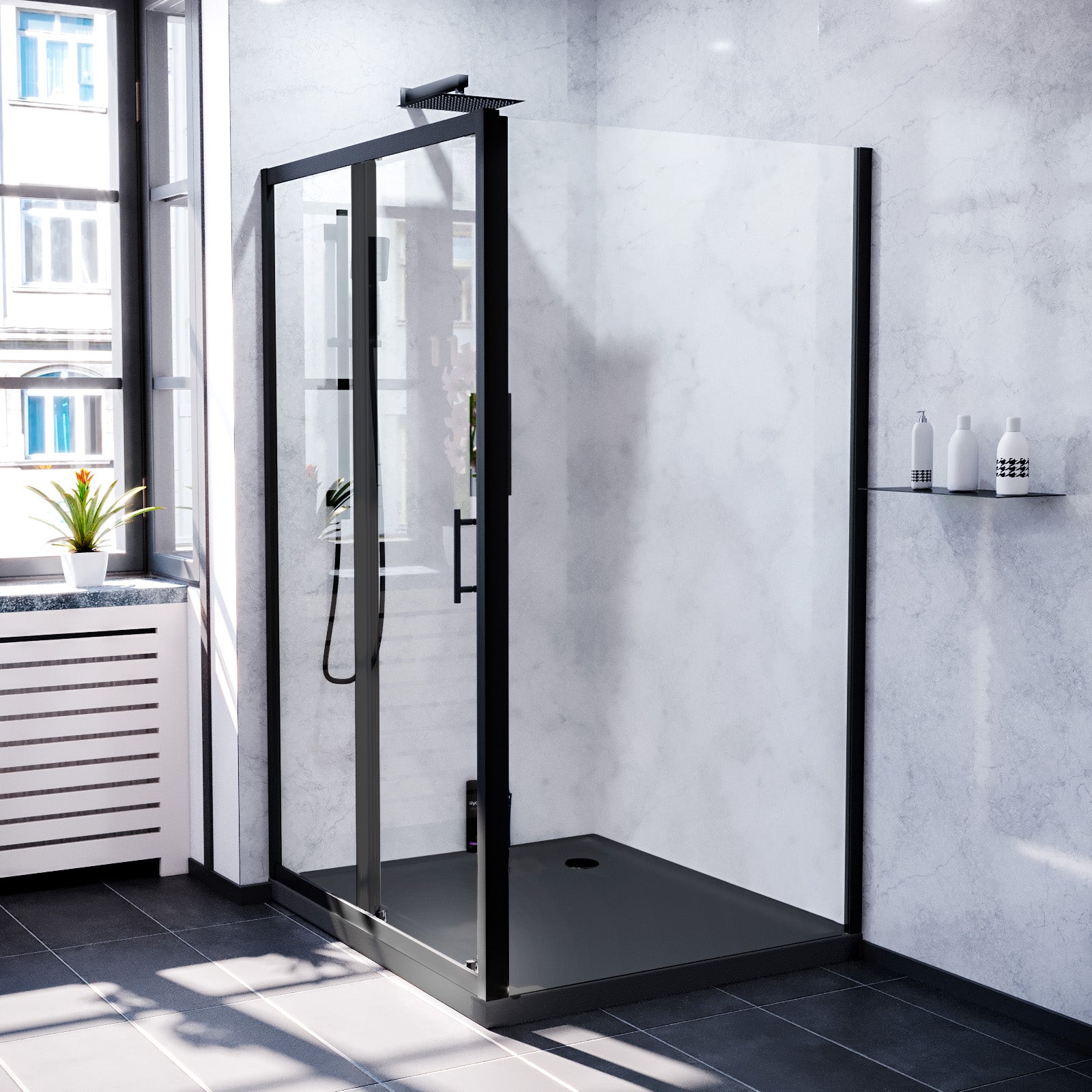 1200mm Black Sliding Door 760mm Frameless Side Panel & Slate Grey Tray