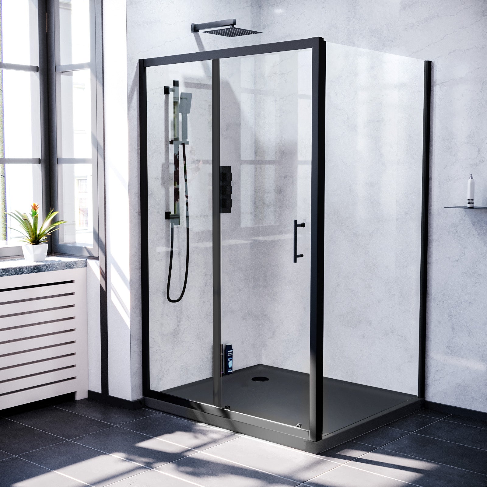 1200mm Black Sliding Door 800mm Frameless Side Panel & Slate Grey Tray