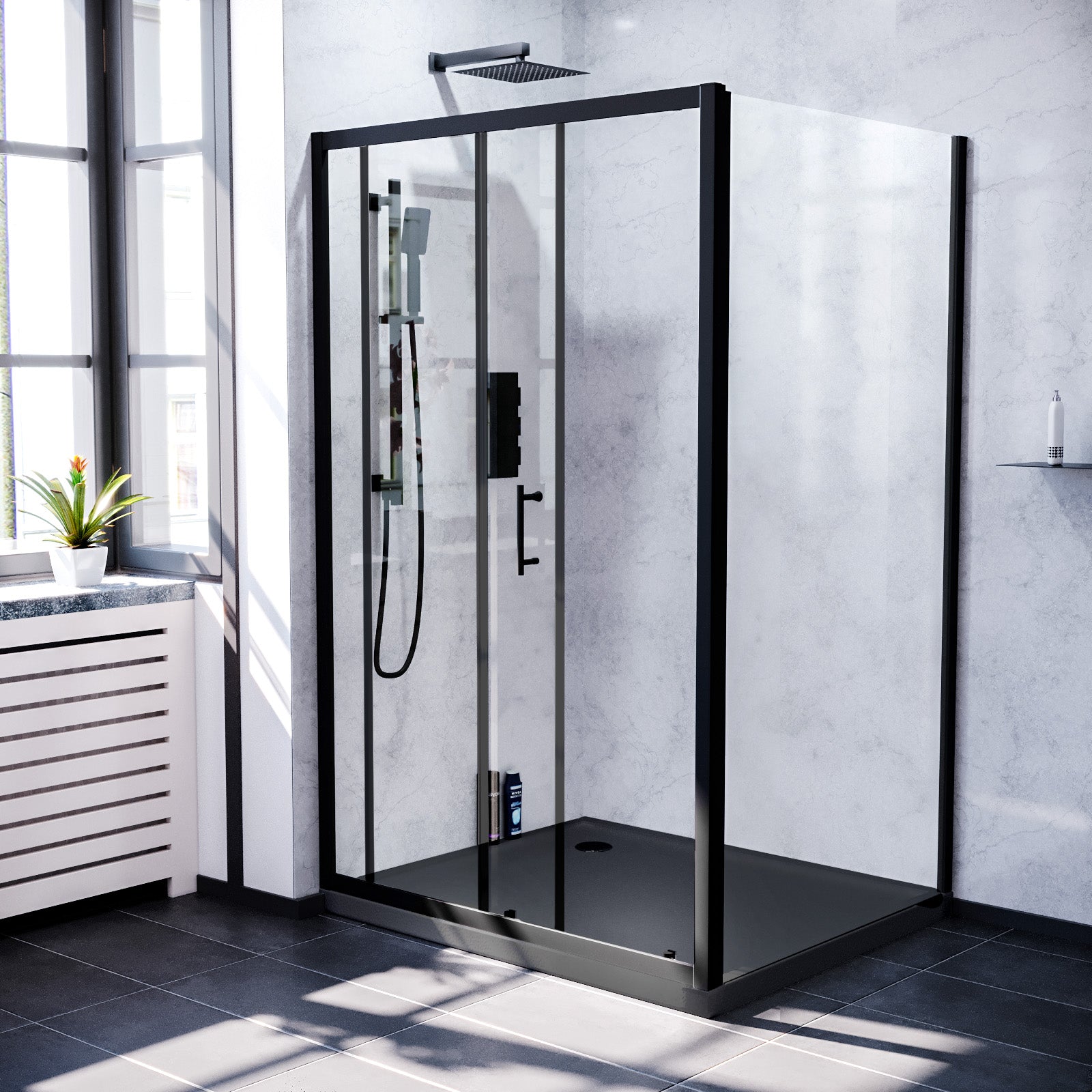 Magna 1100mm Matte Black Framed Shower Sliding Door 800mm Frameless Glass Side Panel Screen & Slate Grey Tray