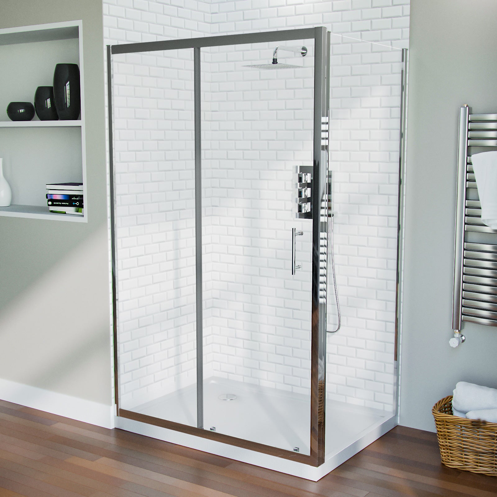 Slider Shower Door Enclosure with Frameless Glass Panel Screen + Tray