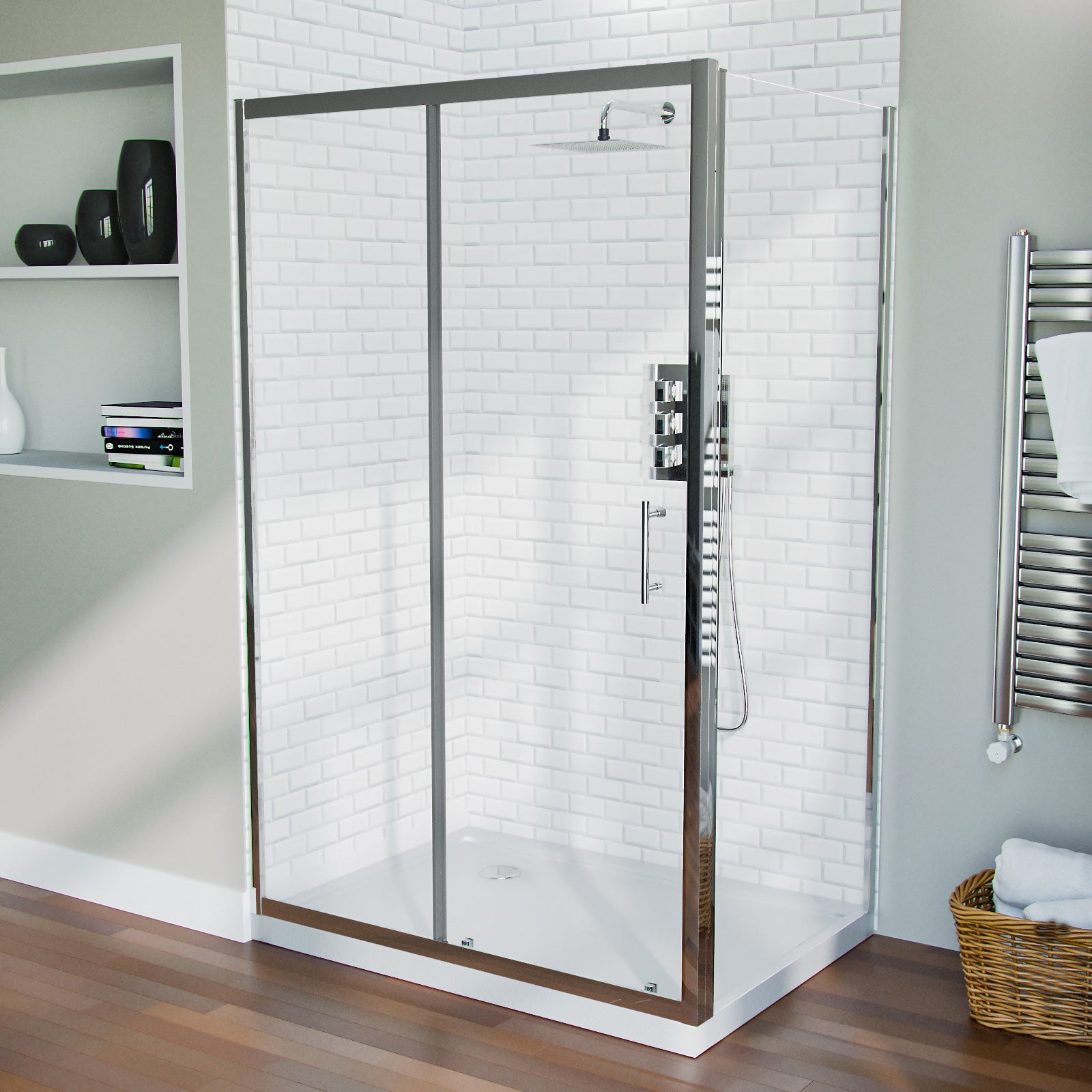 Slider Shower Door Enclosure with Frameless Glass Panel Screen & Tray