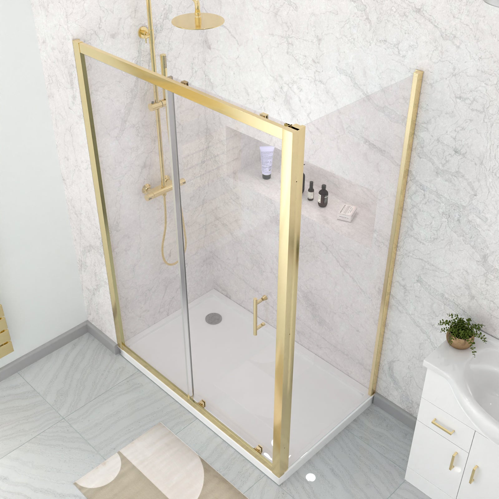 Manga 1100 x 1000mm Shower Enclosure Sliding Door & Side Panel Brushed Brass
