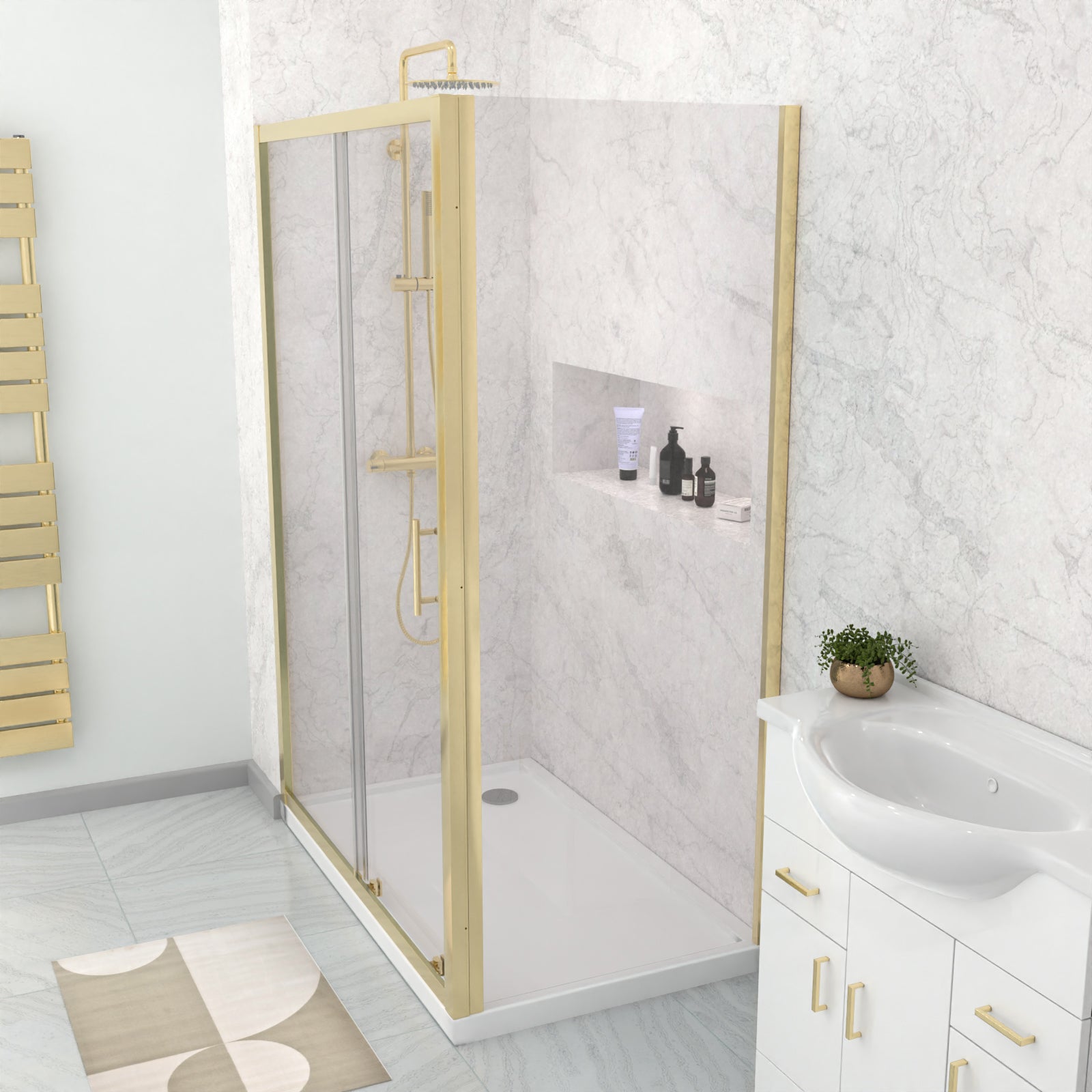 Manga 1100 x 1000mm Shower Enclosure Sliding Door & Side Panel Brushed Brass