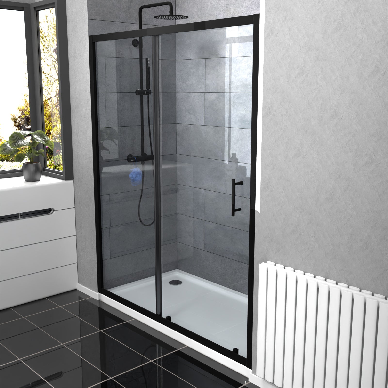 Magna 1600mm Aluminum Matte Black Shower Sliding Door Tempered Glass
