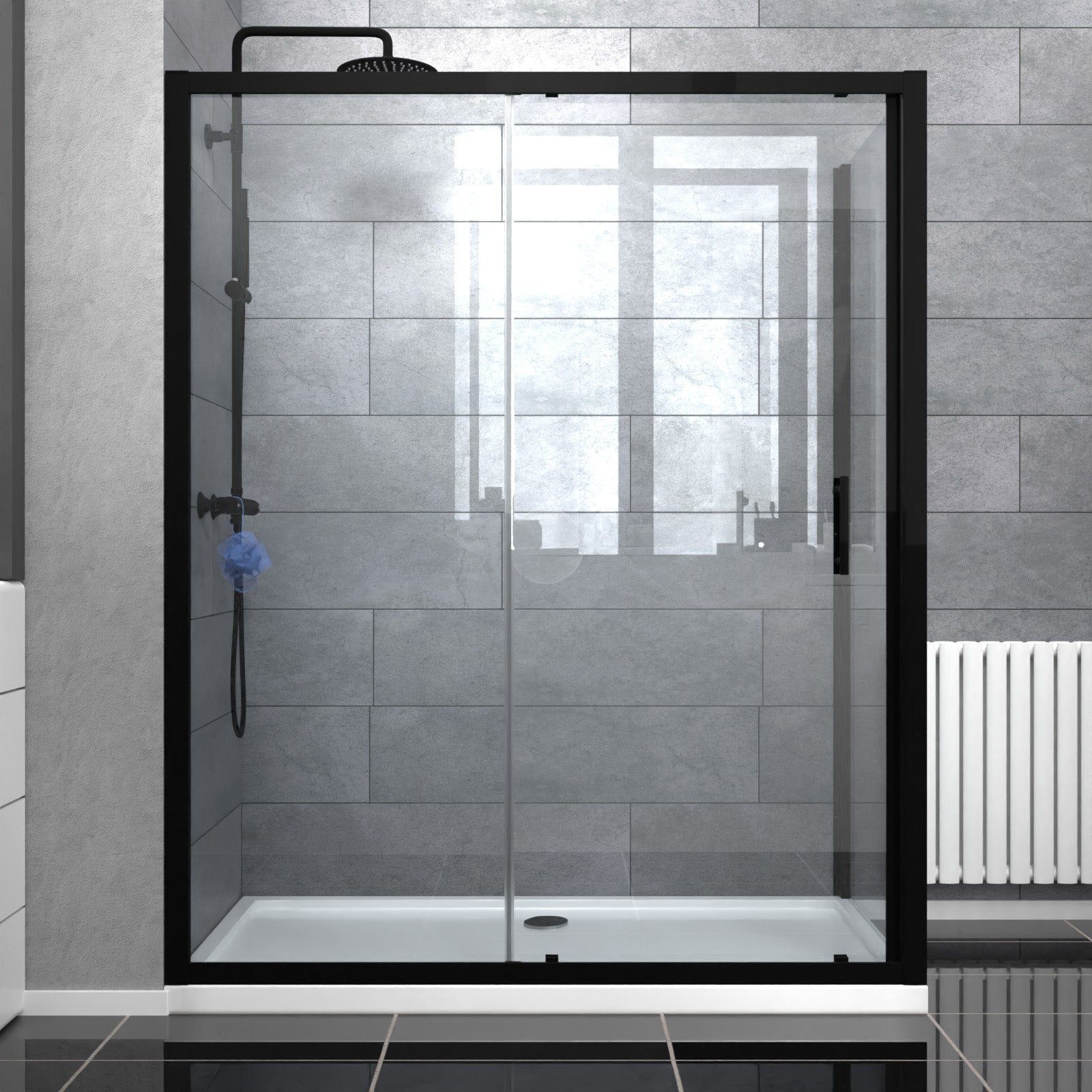 Magna Matte Black 1600mm Shower Sliding Door, 800mm Glass Side Panel Screen & Tray