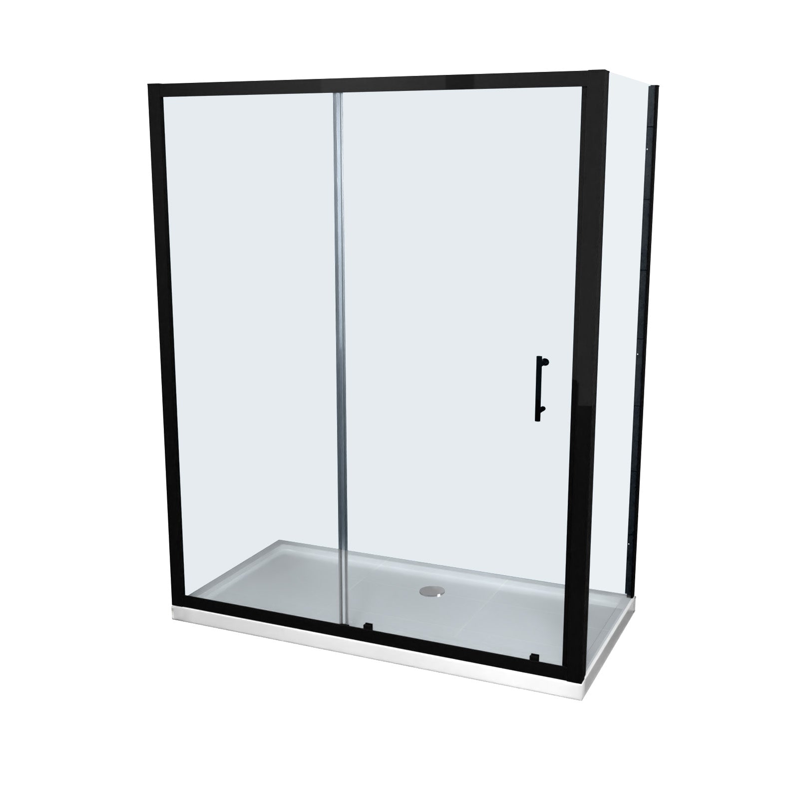 Magna Matte Black 1600mm Shower Sliding Door, 800mm Glass Side Panel Screen & Tray