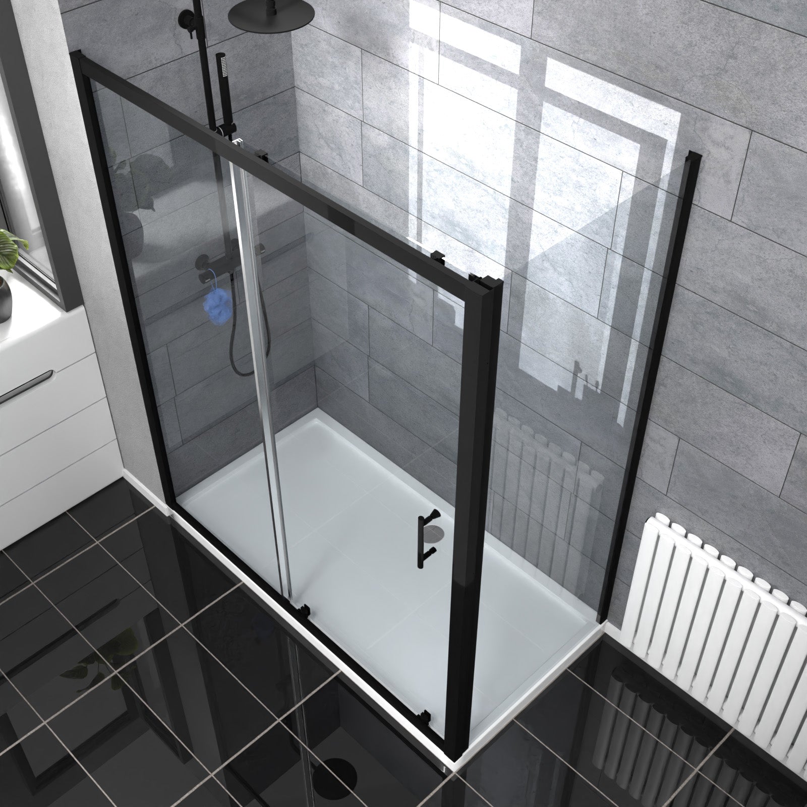 Magna Matte Black 1600mm Shower Sliding Door, 900mm Glass Side Panel Screen & Tray