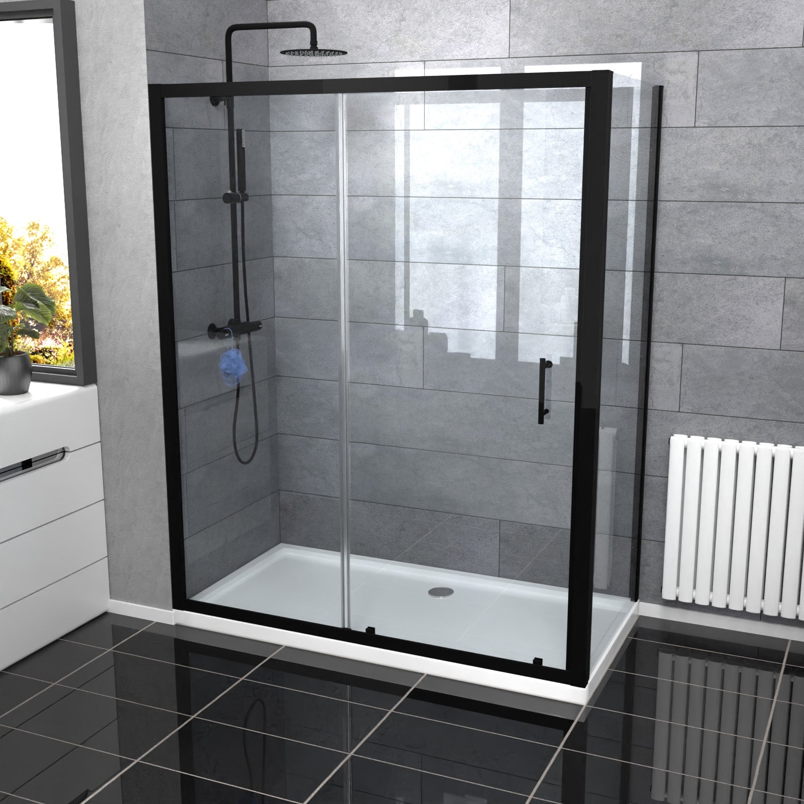 Magna Matte Black 1600mm Shower Sliding Door, 900mm Glass Side Panel Screen & Tray