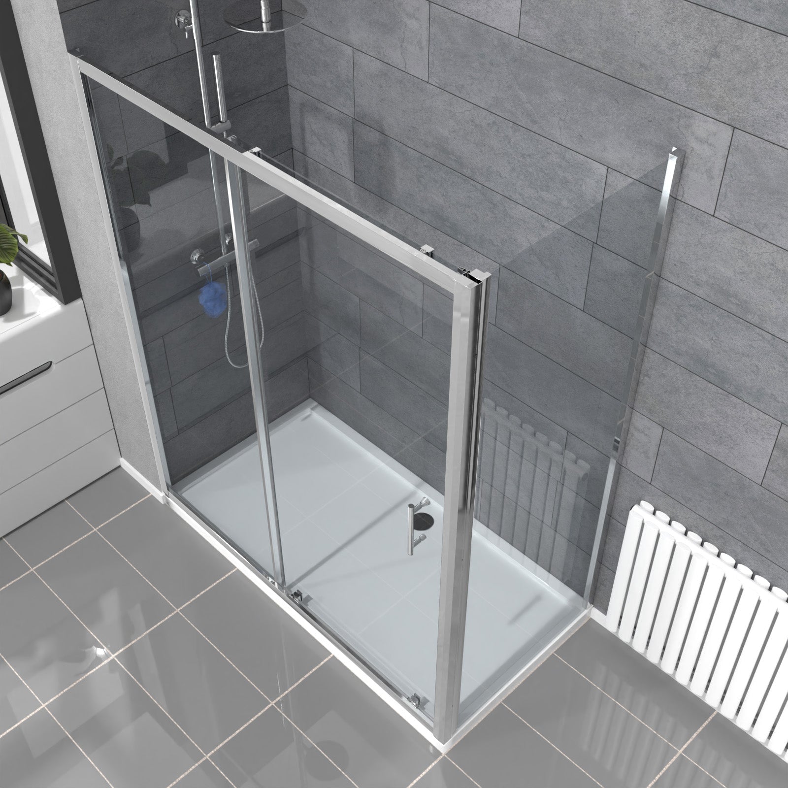 Magna 1600mm Shower Sliding Door, 800mm Glass Side Panel Screen & Tray