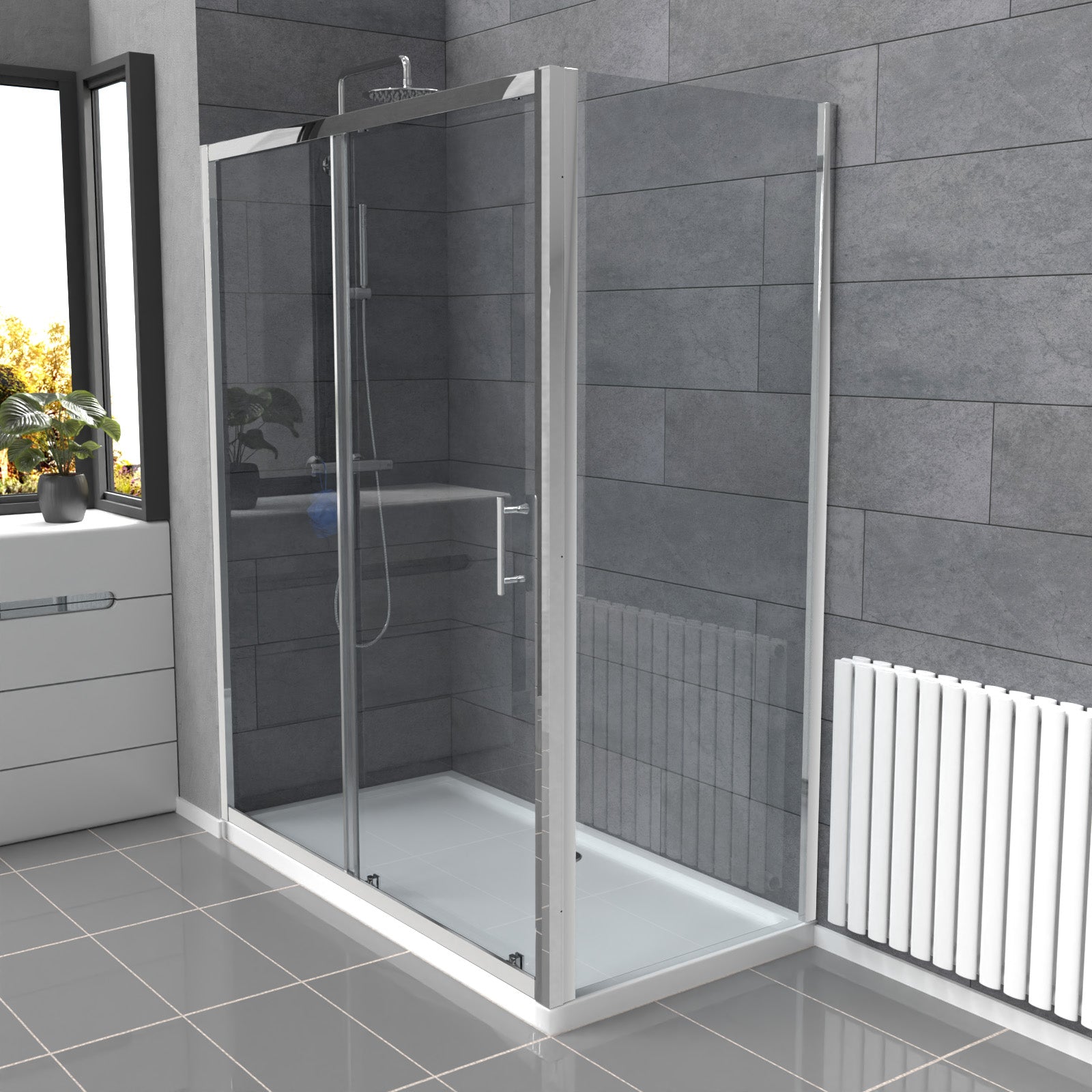 Magna 1600mm Shower Sliding Door, 800mm Glass Side Panel Screen & Tray