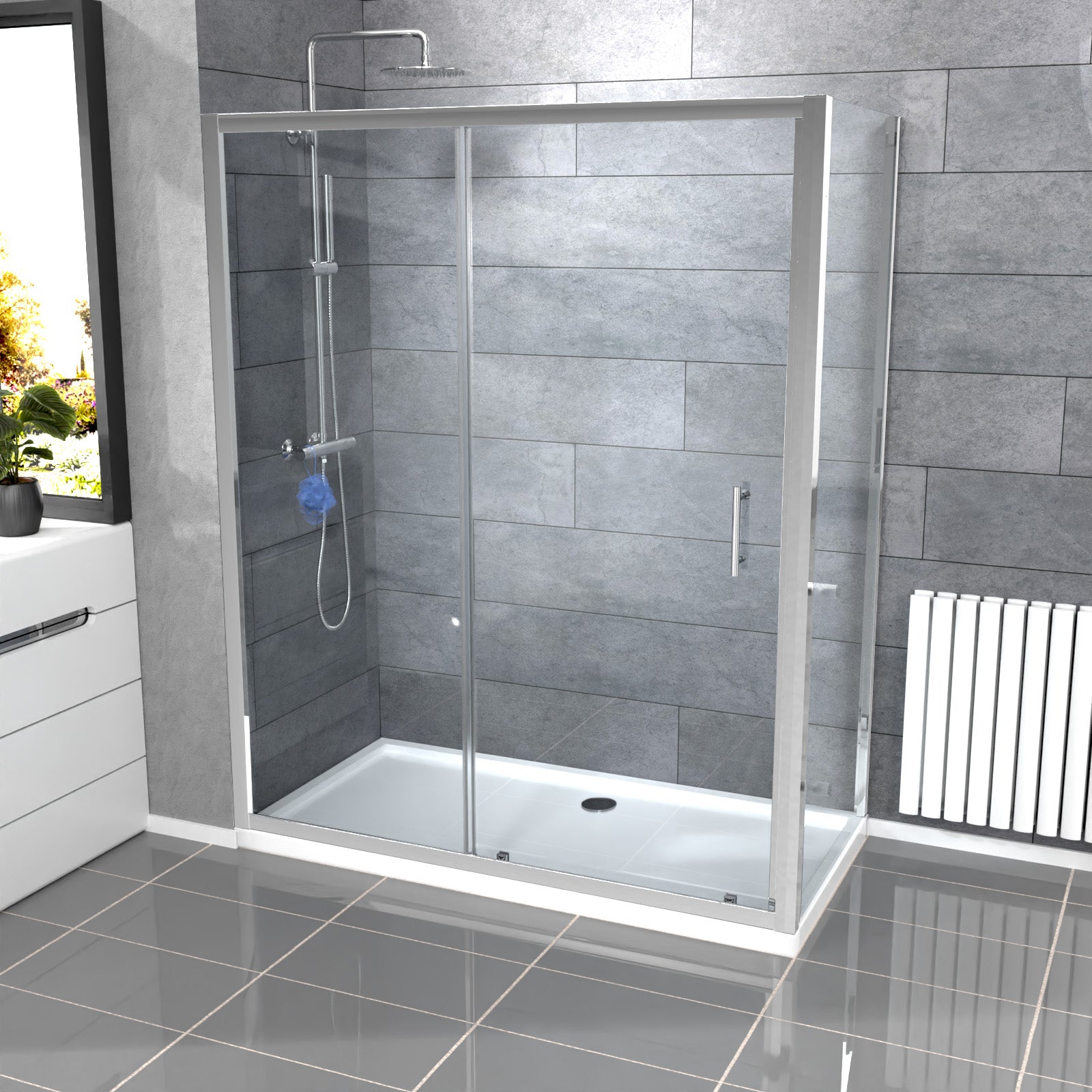 Magna 1600mm Shower Sliding Door, 800mm Glass Side Panel Screen & Tray