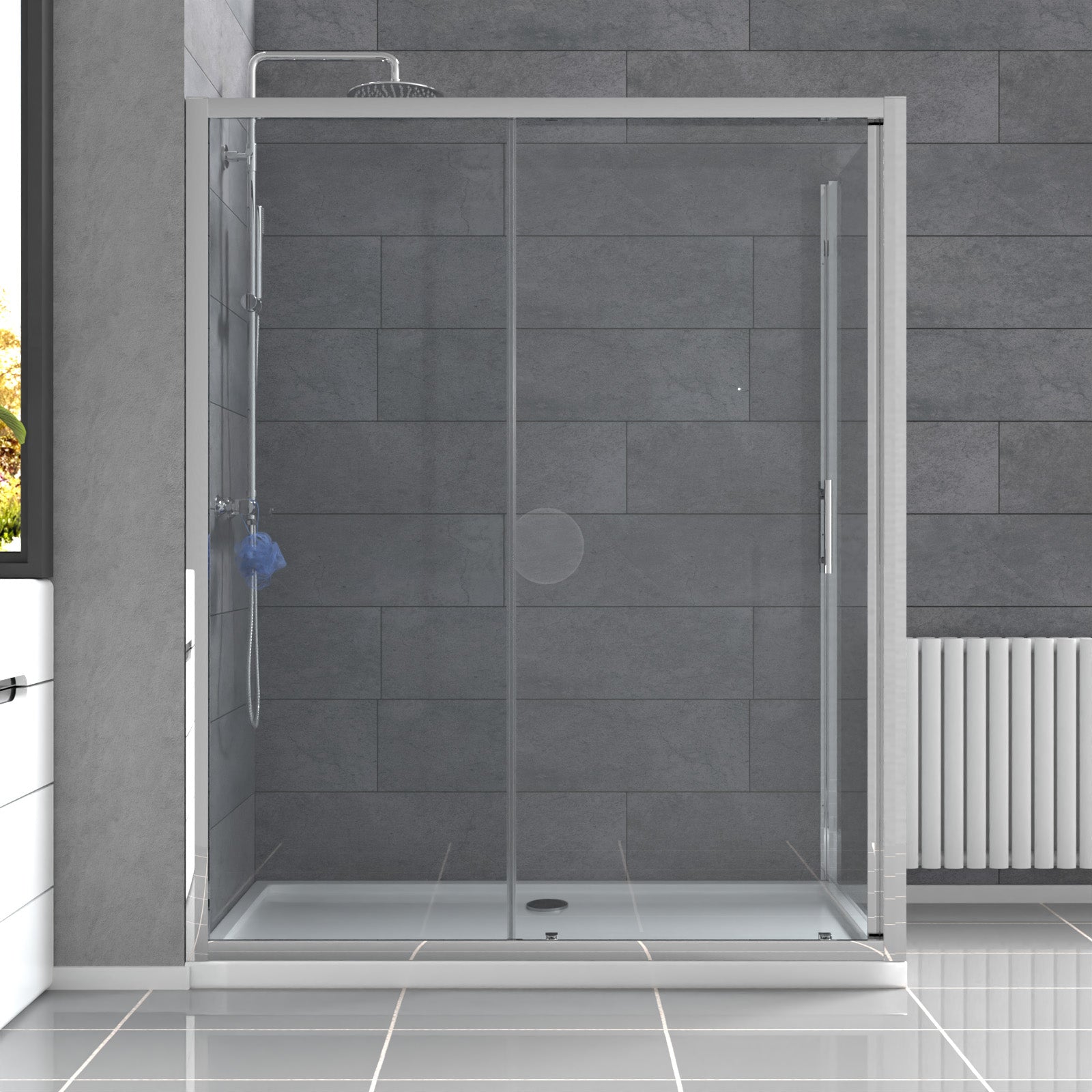 Magna 1600mm Shower Sliding Door, 900mm Glass Side Panel Screen & Tray