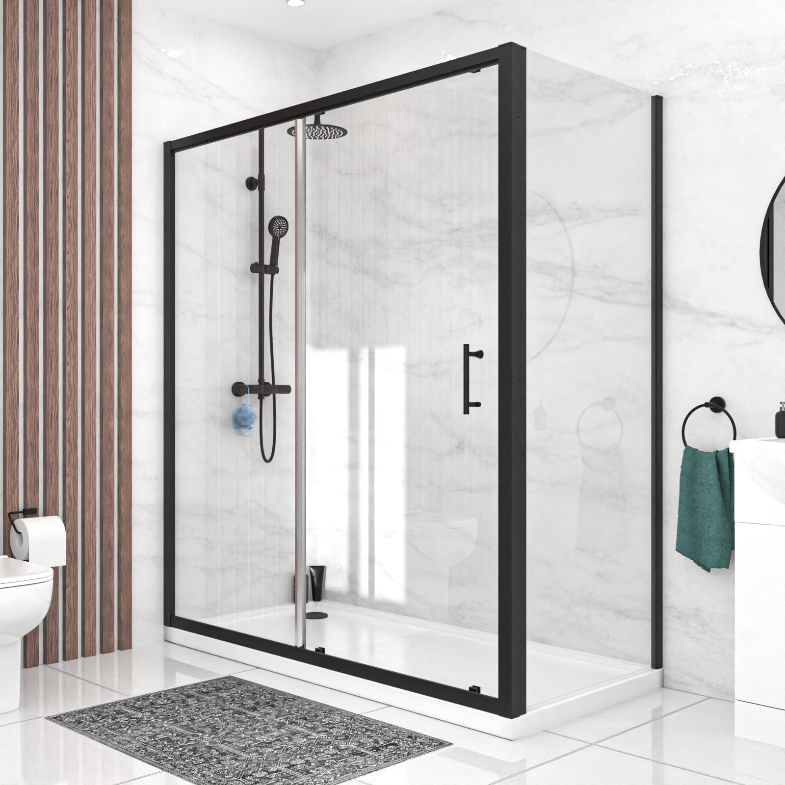 Magna 1700mm Matte Black Sliding Shower Door, 760mm Frameless Glass Screen