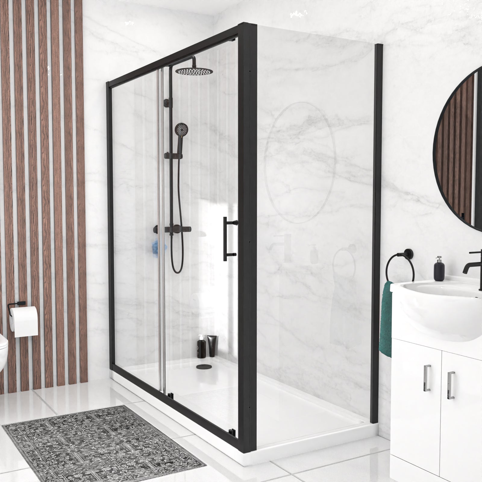 Magna 1700mm Matte Black Sliding Shower Door, 760mm Frameless Glass Screen