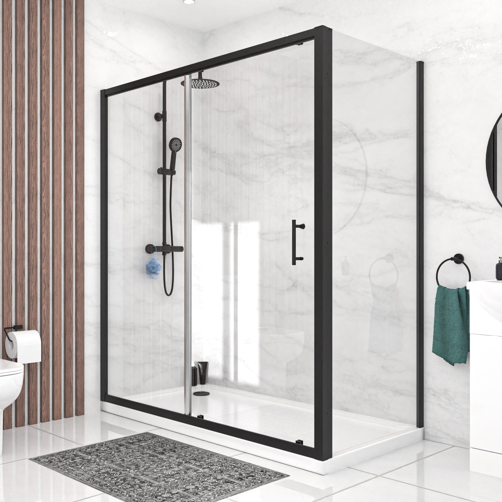 Magna 1700mm Matte Black Sliding Shower Door, 900mm Frameless Glass Screen