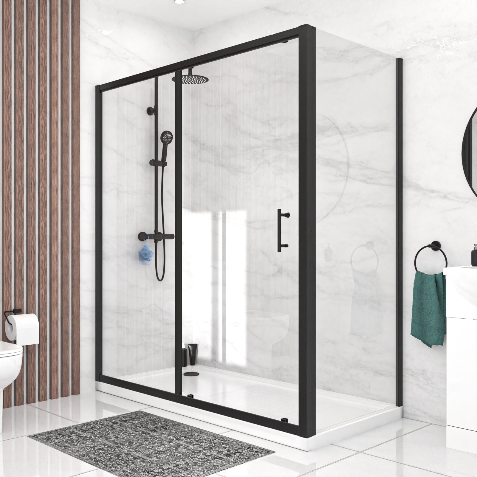 Magna 1700mm Matte Black Sliding Shower Door, 900mm Frameless Glass Screen