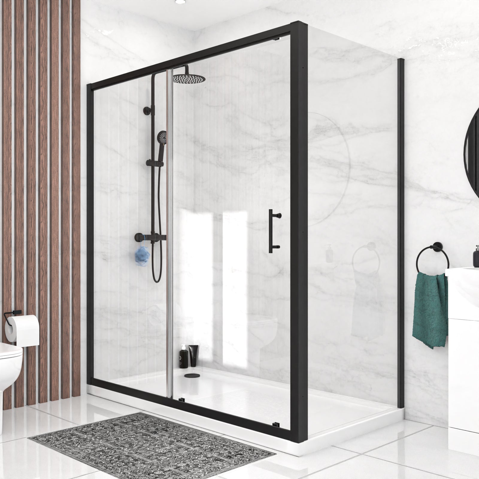 Magna 1700mm Matte Black Sliding Shower Door, 900mm Frameless Glass Screen