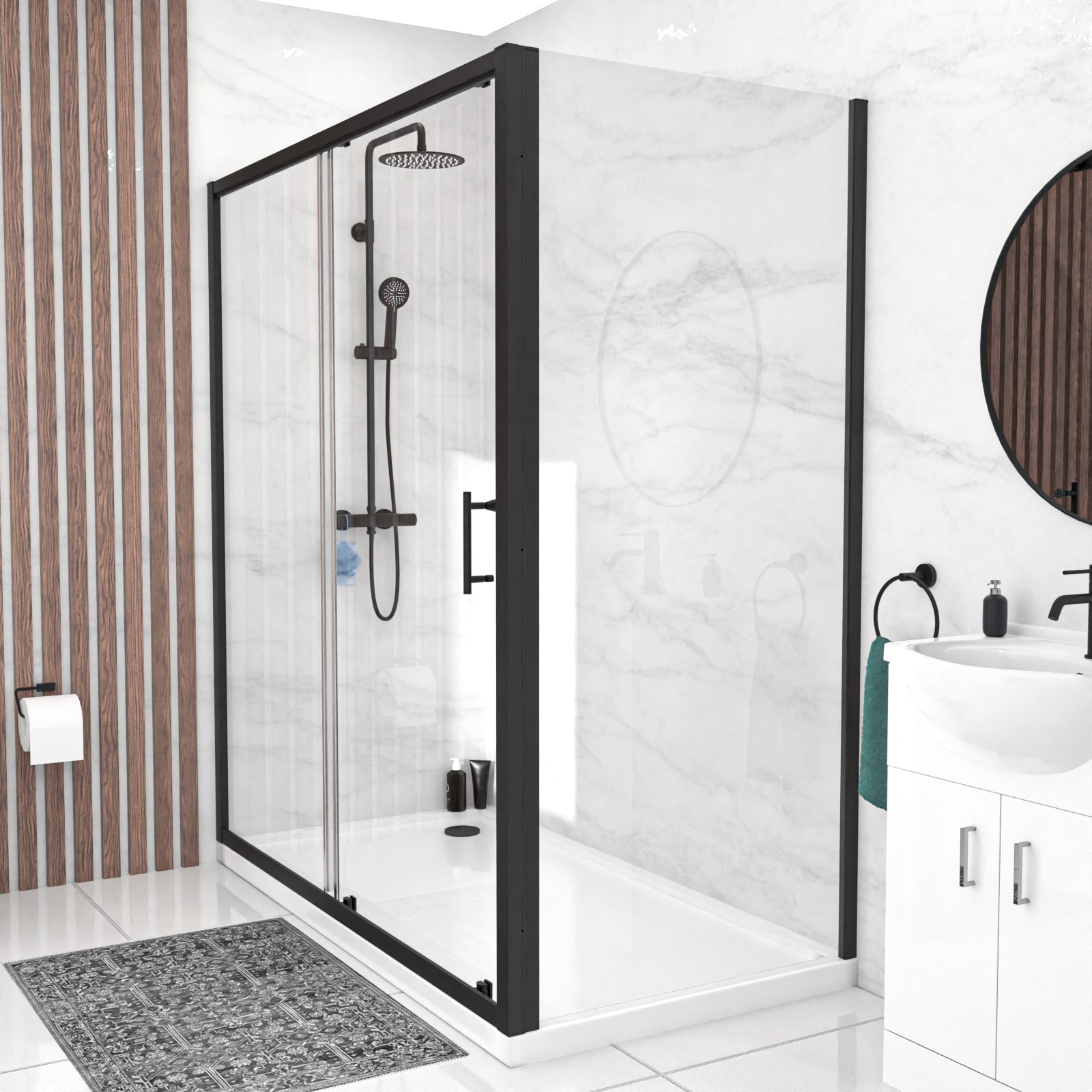 Magna 1700mm Matte Black Sliding Shower Door, 900mm Frameless Glass Screen