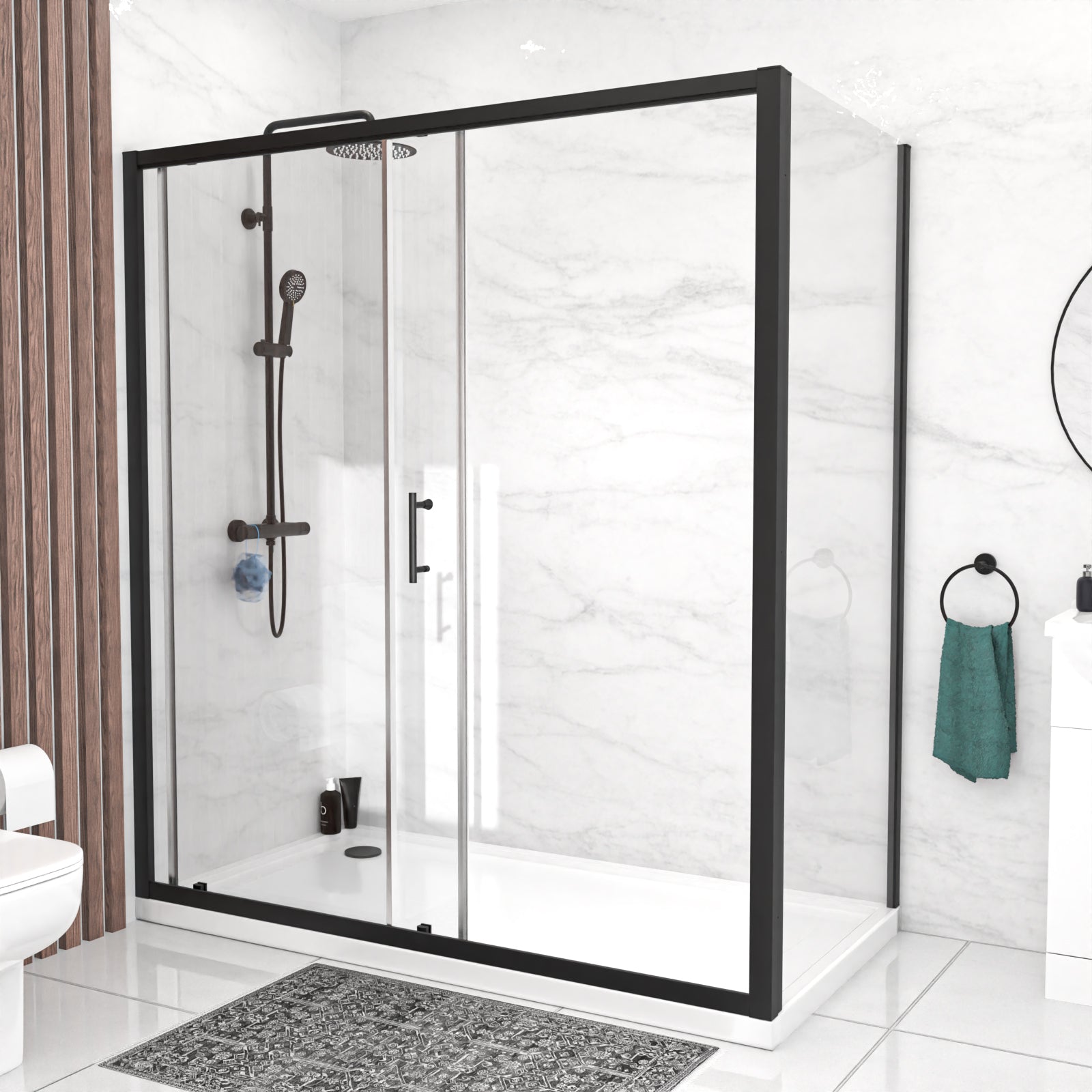 Magna 1700mm Matte Black Sliding Shower Door, 900mm Frameless Glass Screen