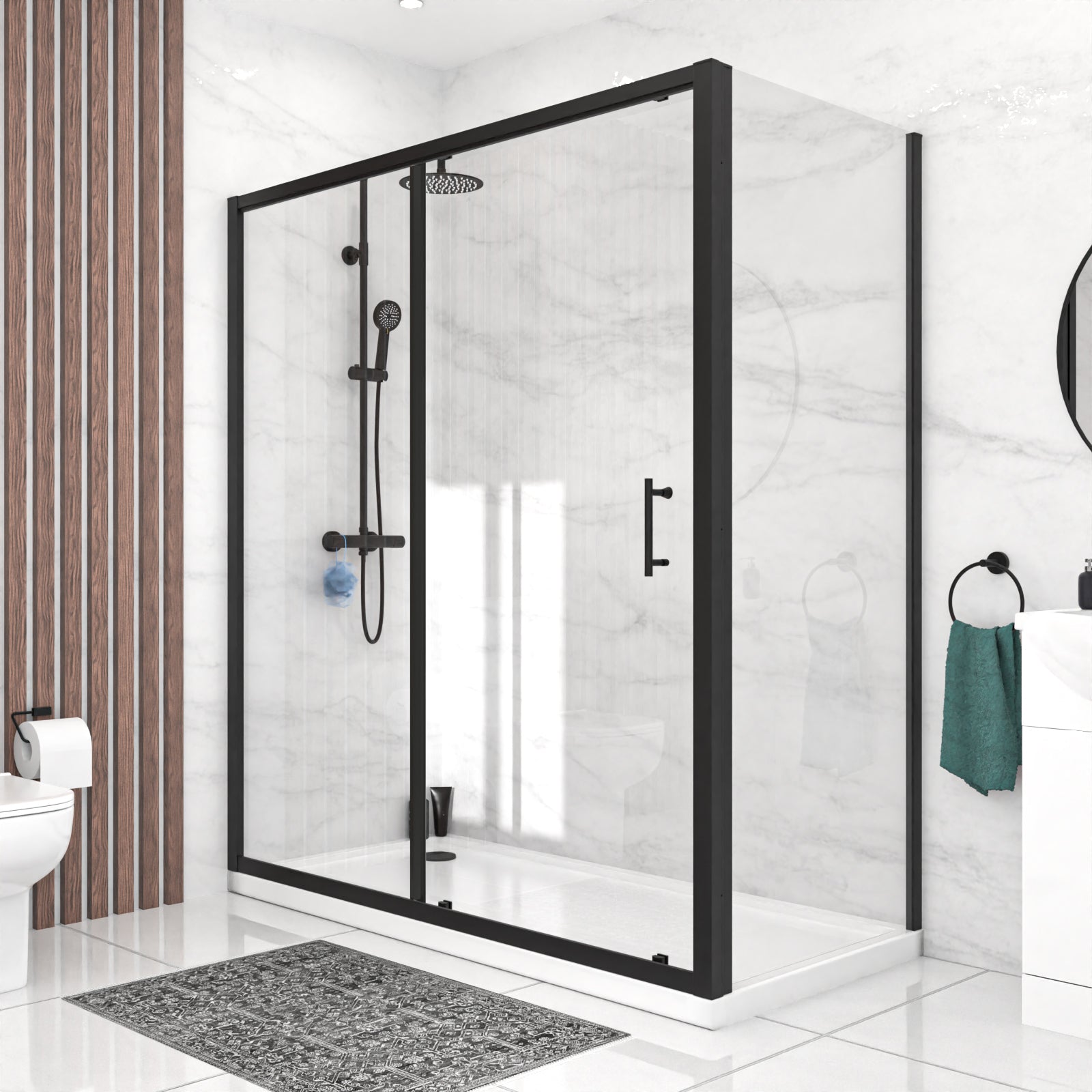 Black 1700 x 700mm Shower Enclosure Sliding Door & Glass Side Panel
