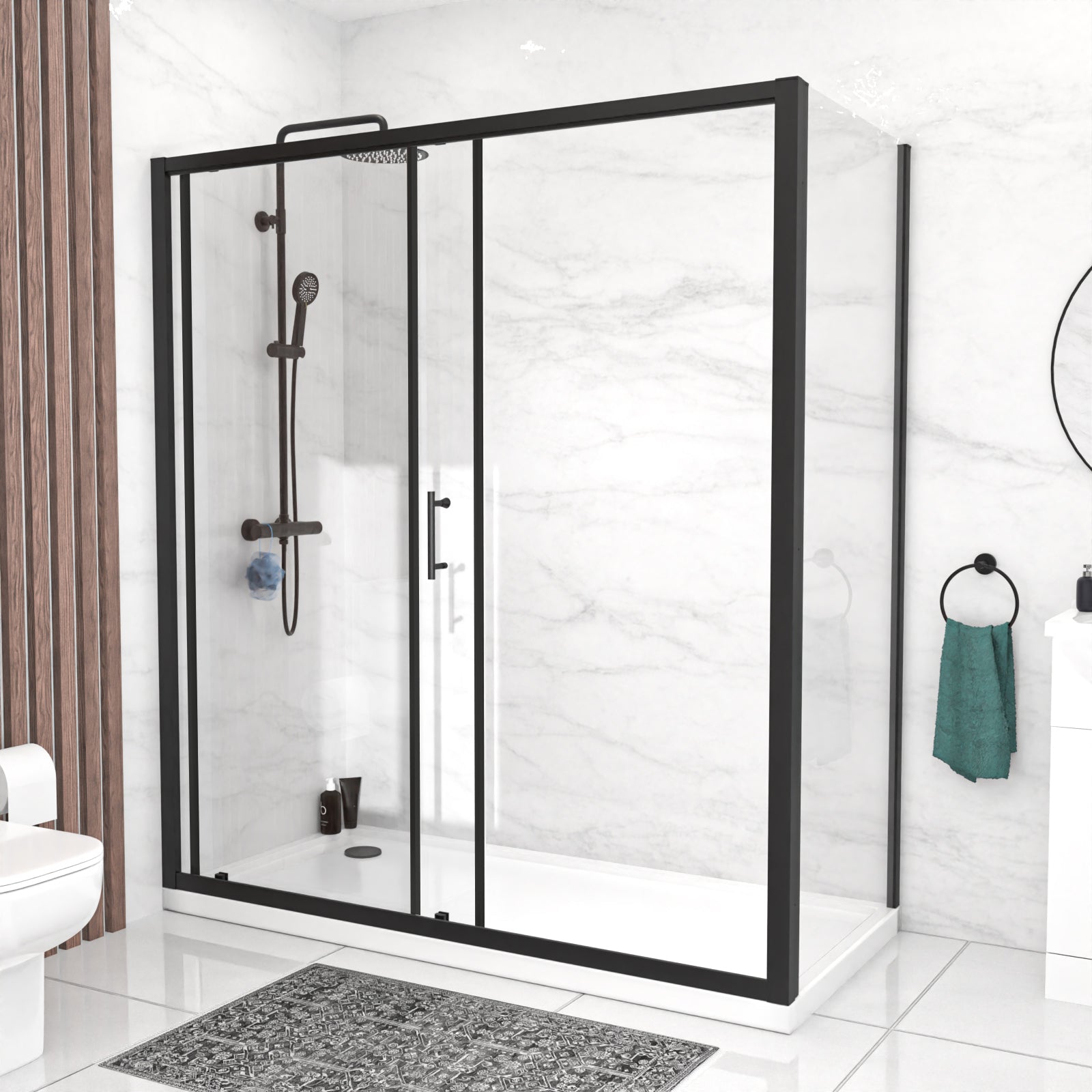 Black 1700 x 700mm Shower Enclosure Sliding Door & Glass Side Panel