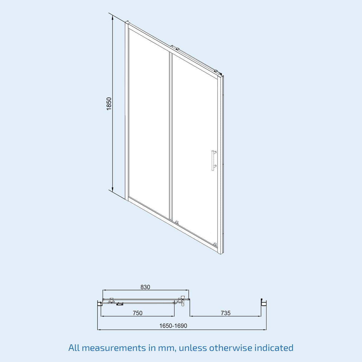 Shower 1700 x 1850mm Slider Door With 1000 x 1850mm Side Panel - Brushed Brass