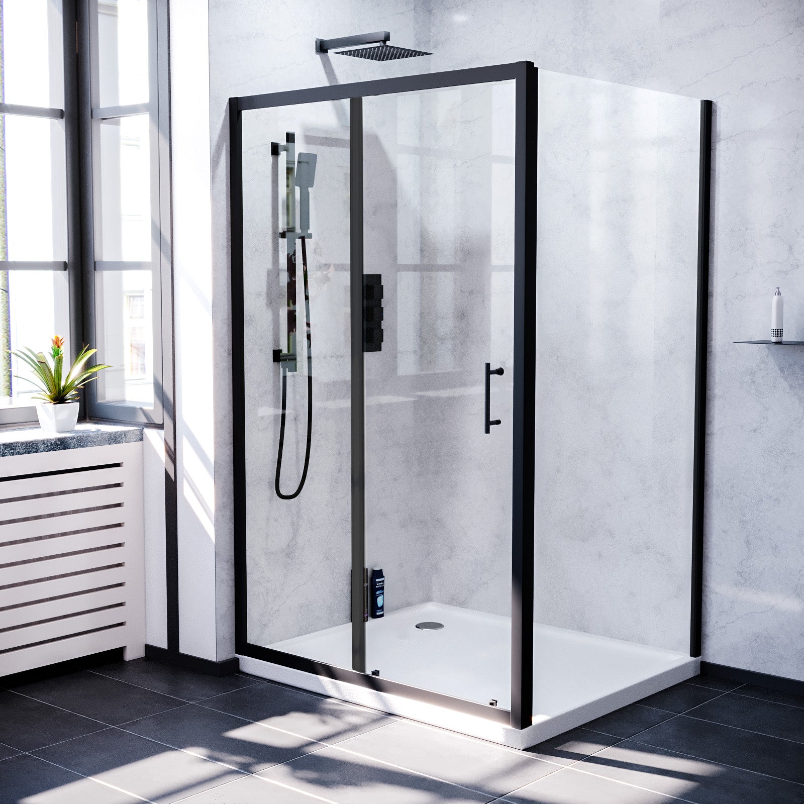 Matt Black 1400 x 900mm Shower Sliding Door & Frameless Glass Side Panel