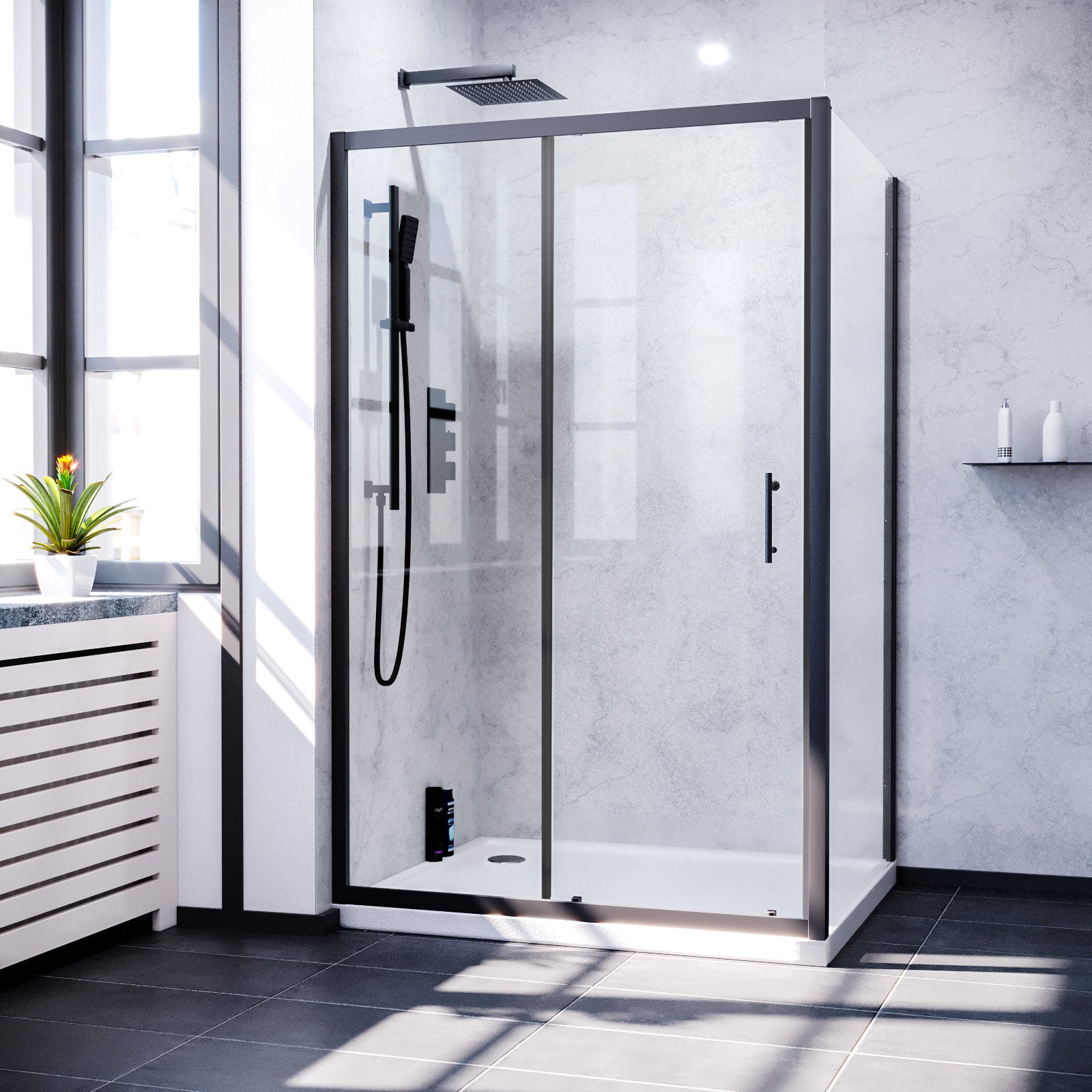 Matt Black 1400 x 900mm Shower Sliding Door & Frameless Glass Side Panel