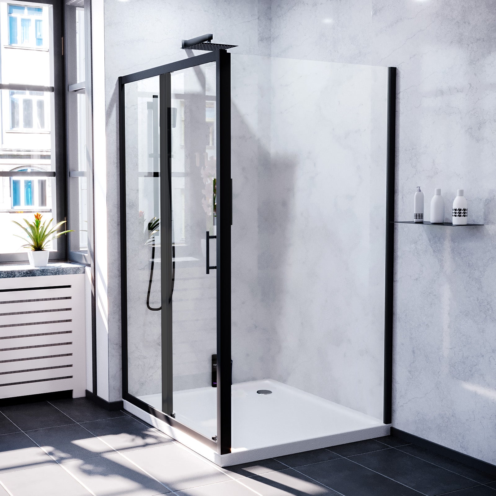 Matt Black 1400 x 900mm Shower Sliding Door & Frameless Glass Side Panel