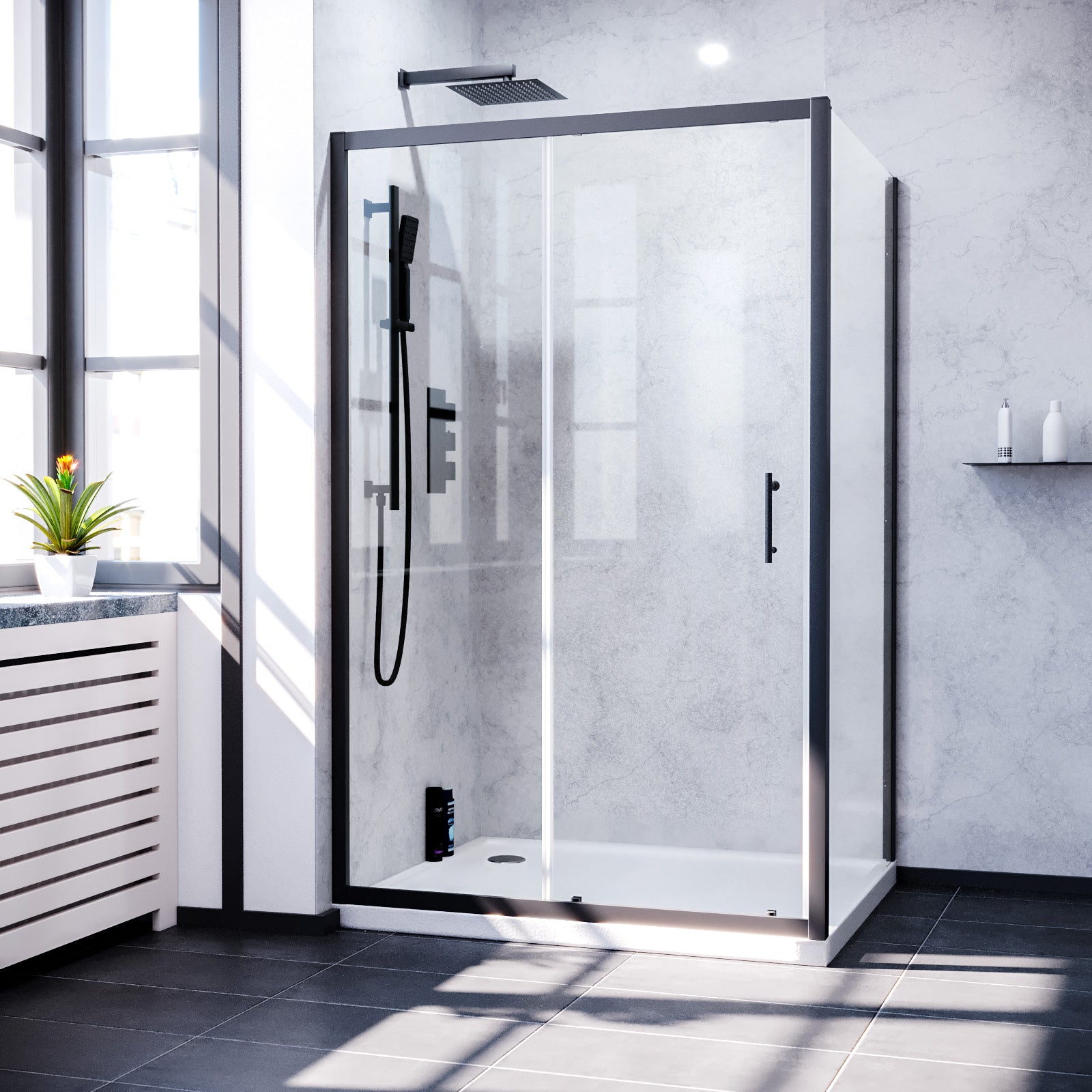 Keni Shower Sliding Door & Frameless Glass Side Panel Screen Matte Black