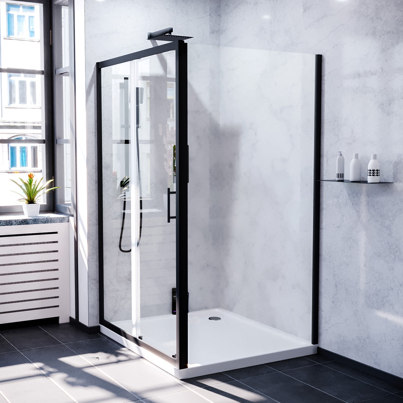 Magna Shower Sliding Door & Frameless Glass Side Panel Screen Matte Black