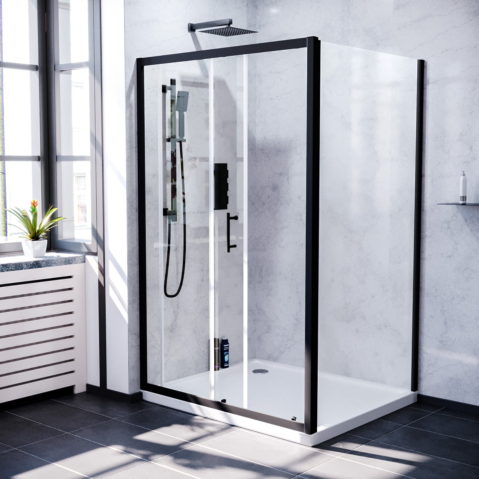 Keni Shower Sliding Door, Frameless Glass Side Panel Screen & Tray Matte Black
