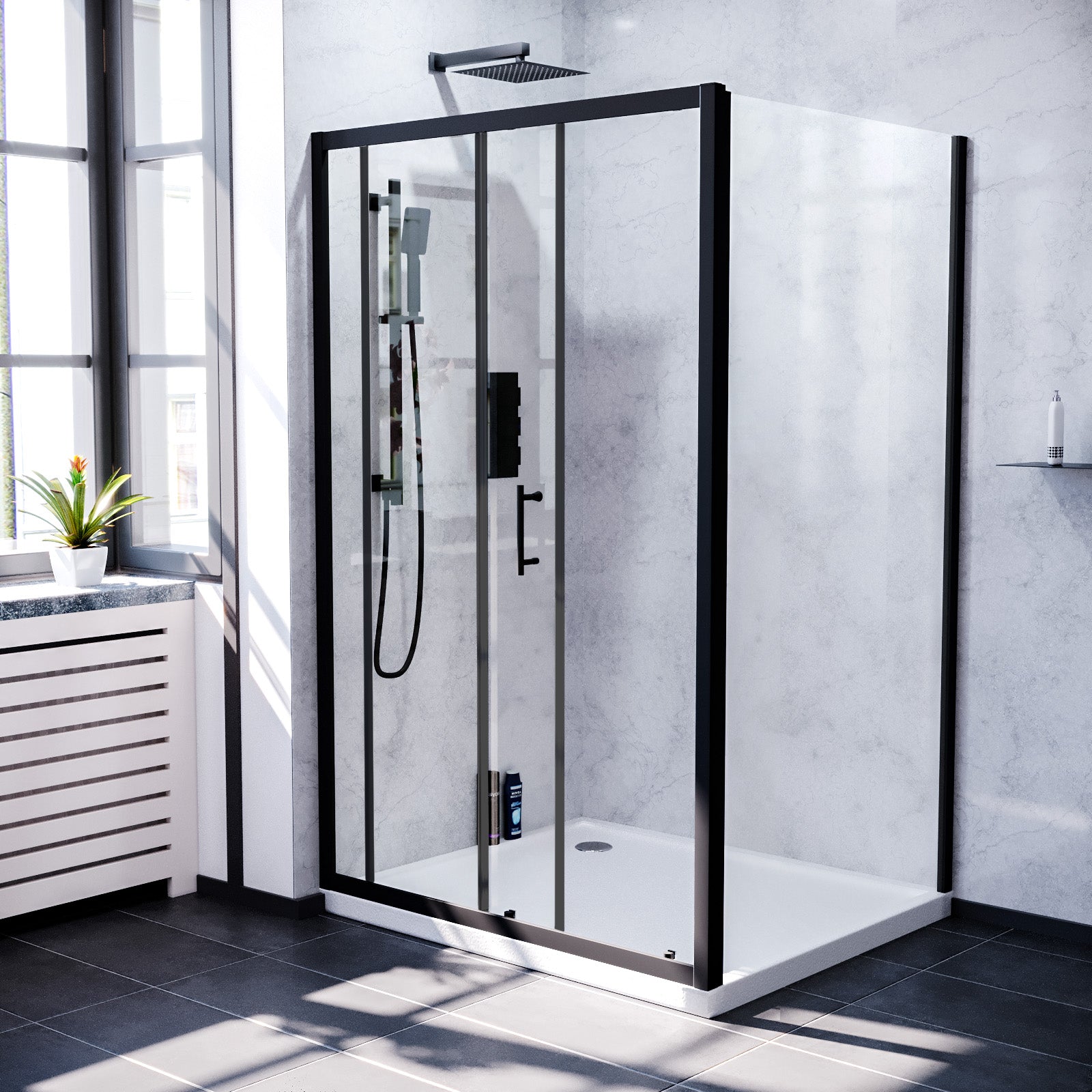Magna 1000mm Shower Sliding Door & 760mm Frameless Glass Side Panel Screen Matte Black