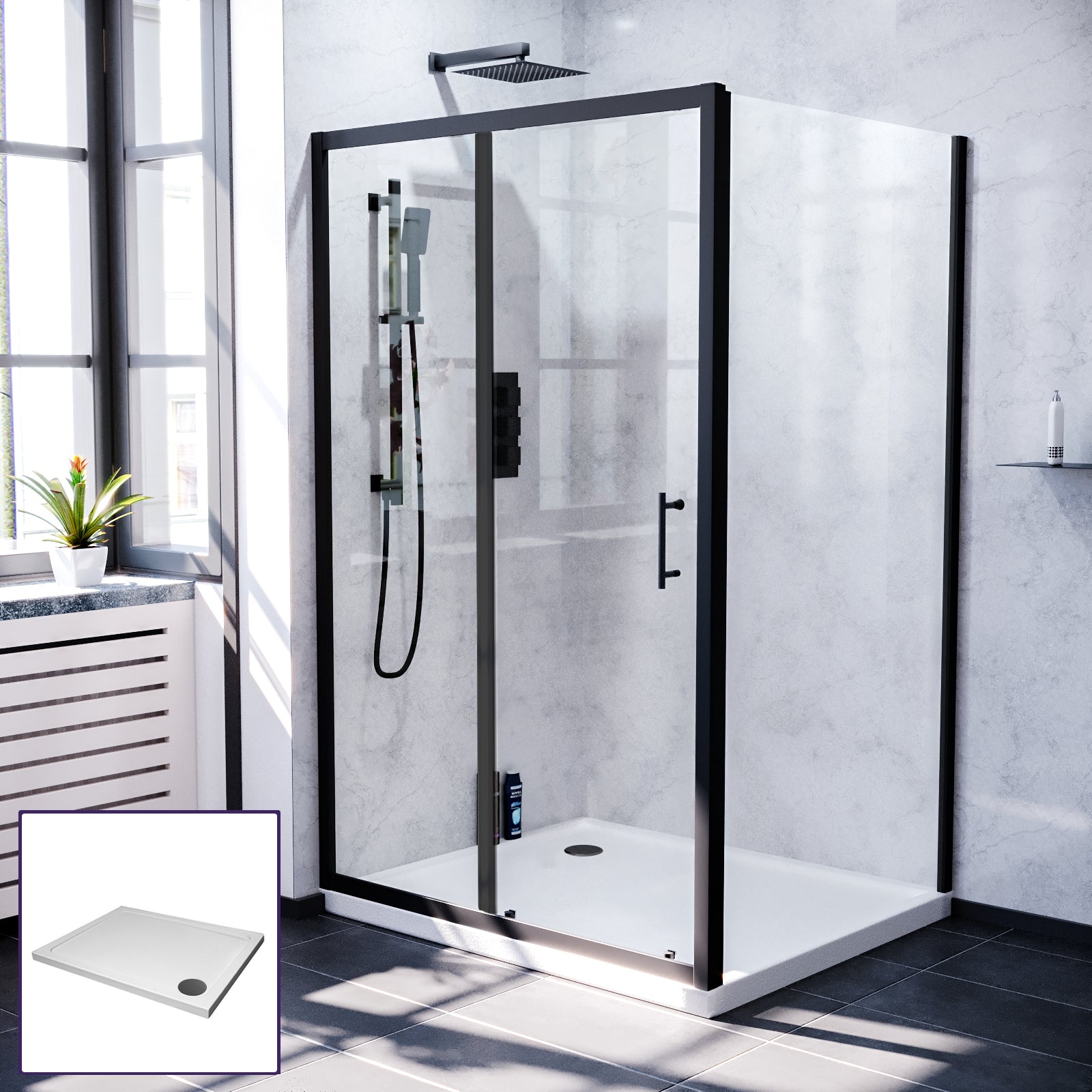 Magna 1100 Black Shower Sliding Door, 760 Frameless Side Panel & Tray
