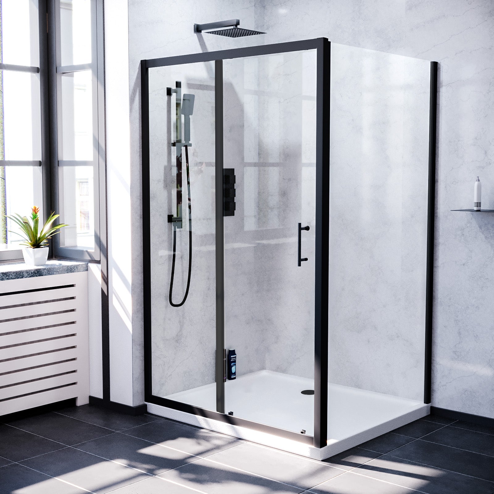 Magna Matte Black Framed Shower Sliding Door, Frameless Glass Side Panel Screen & Tray