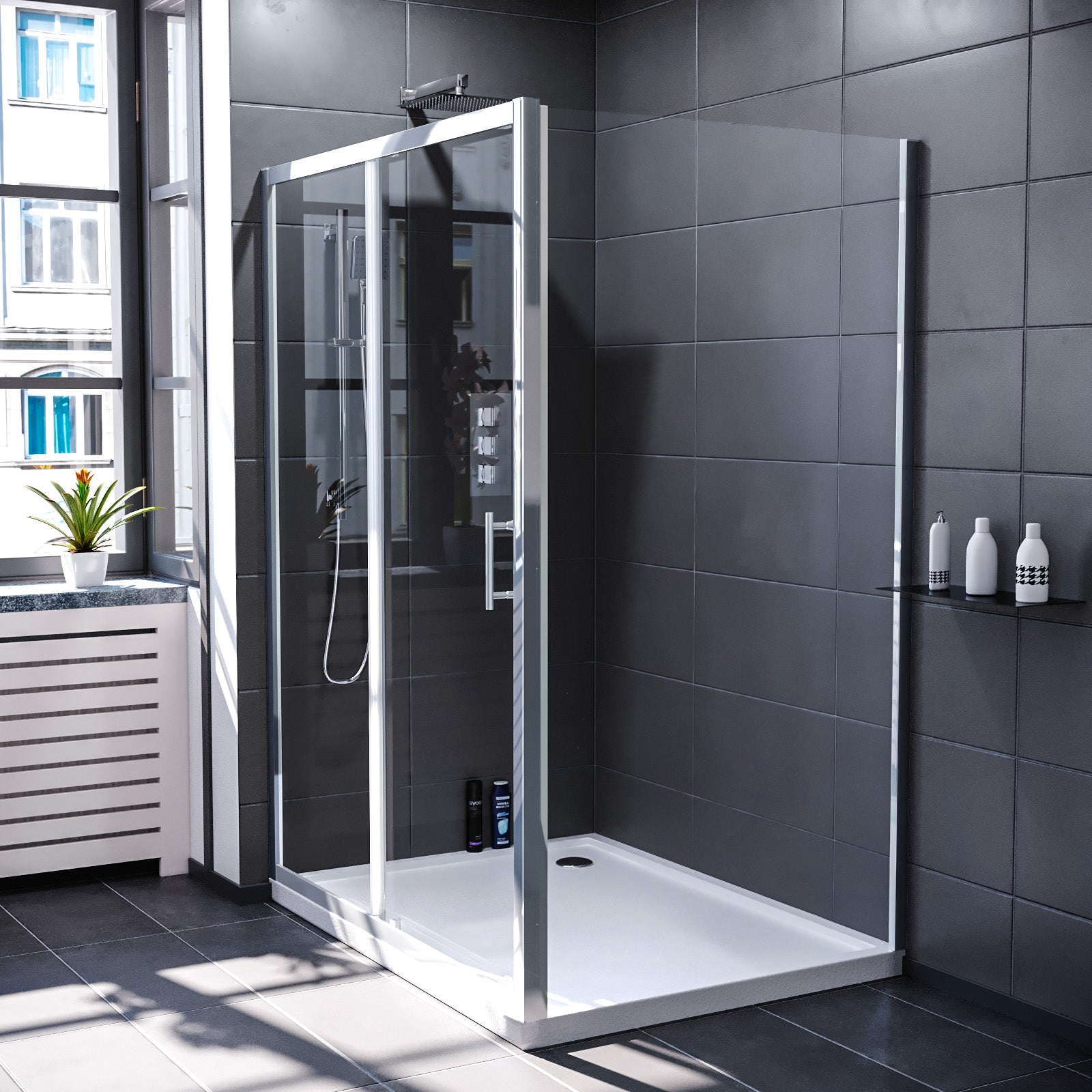 Manga 1400 x 700mm Shower Enclosure Sliding Door & Glass Side Panel Chrome