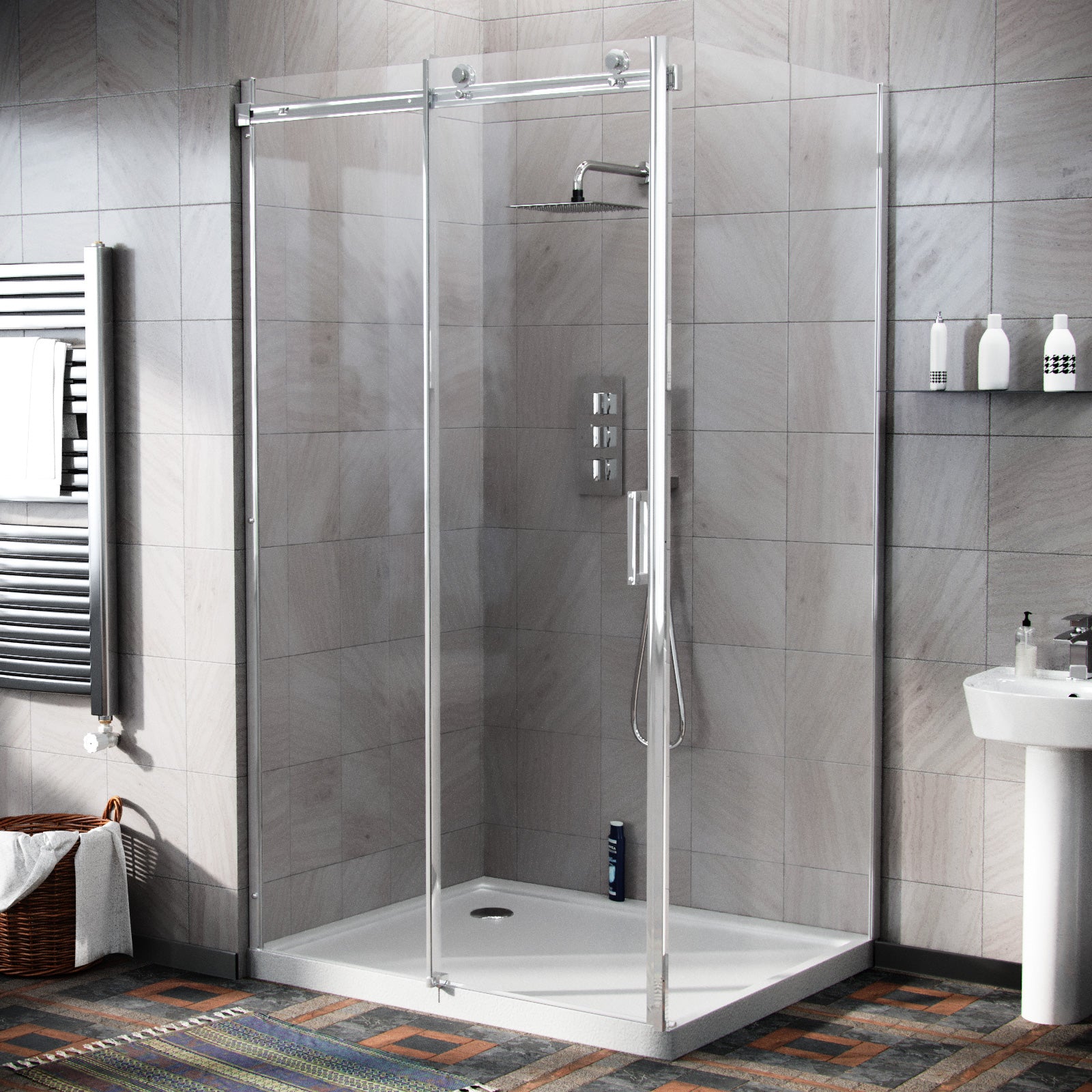 Hardwick 1100 x 900mm Frameless Silver Sliding Shower Door Enclosure Tray & Waste