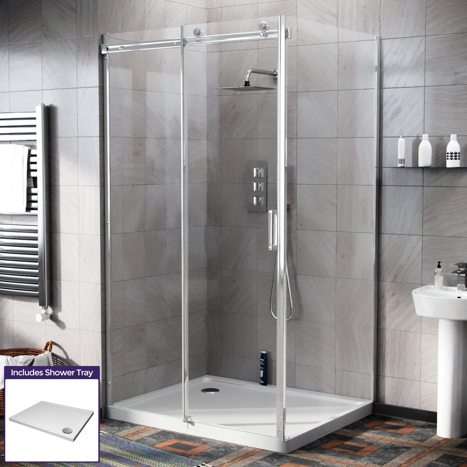 Hardwick 1100 x 800mm Frameless Silver Sliding Shower Door Enclosure Tray & Waste