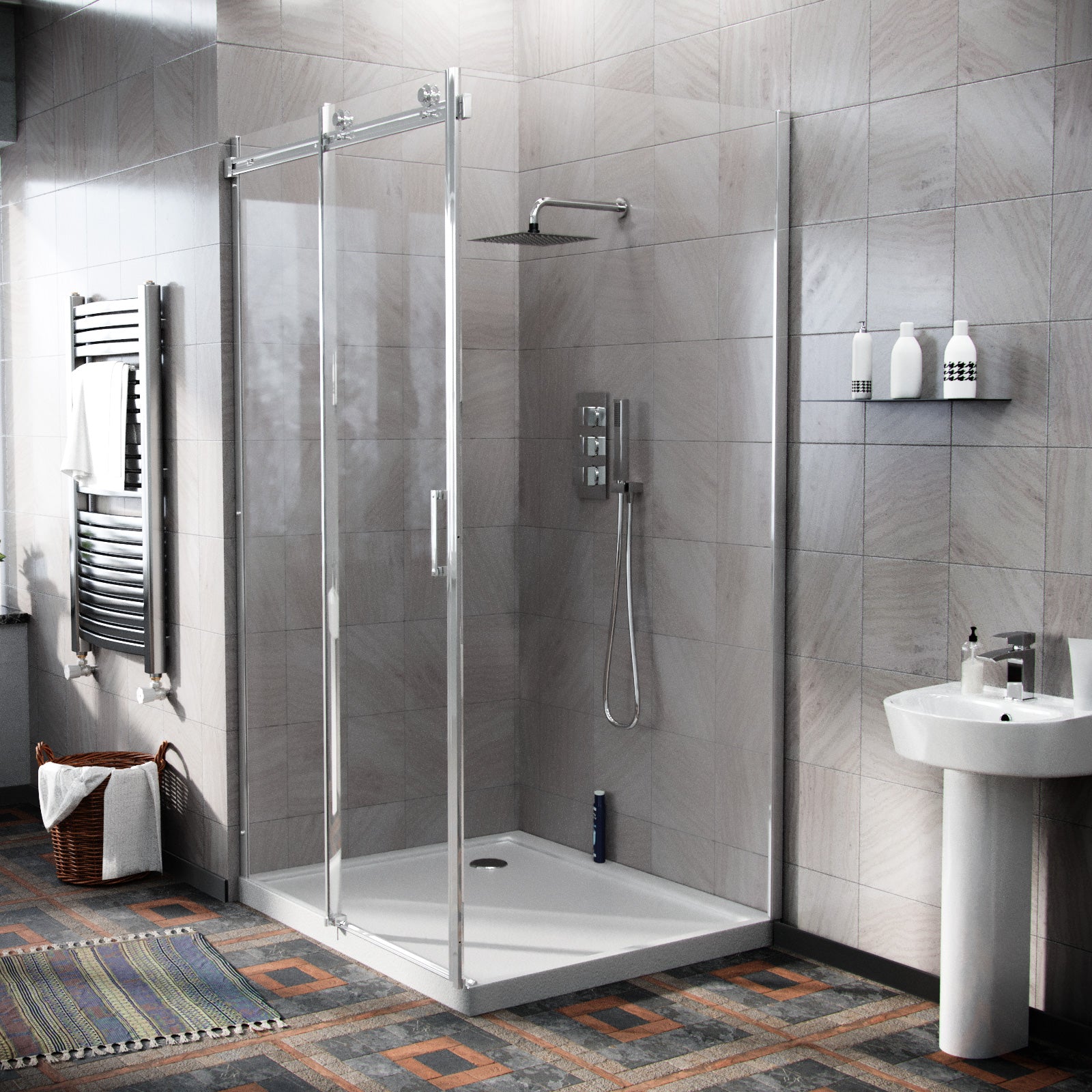 Hardwick 1100 x 900mm Frameless Silver Sliding Shower Door Enclosure Tray & Waste