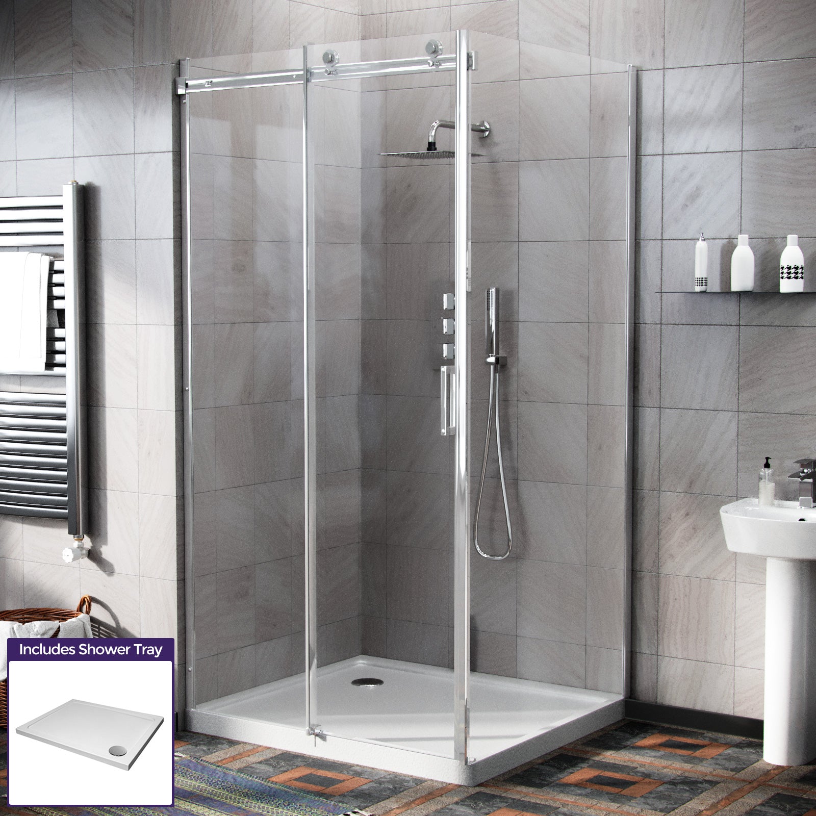 Hardwick 1000mm x 900mm Frameless Sliding Shower Door Enclosure, Tray & Waste