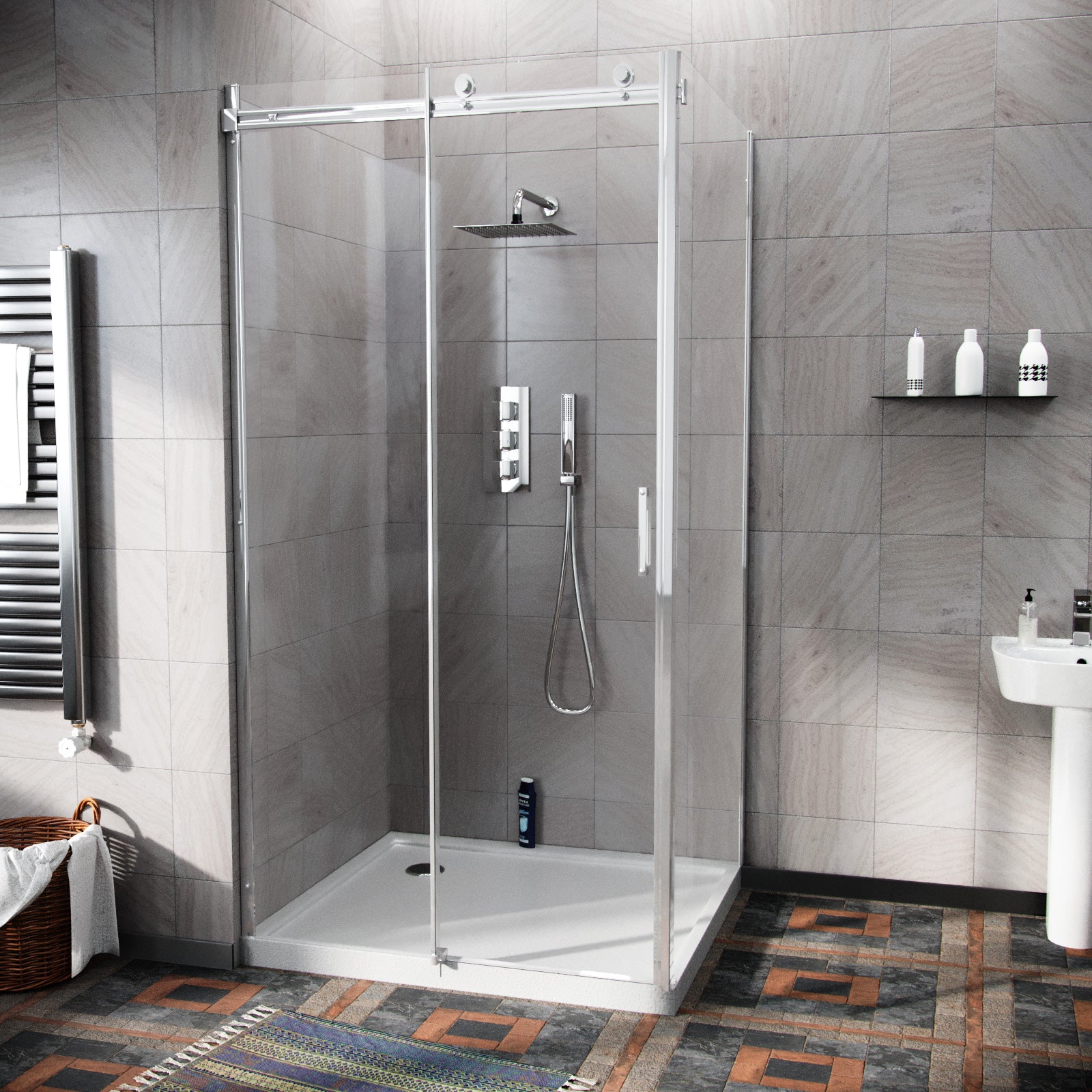 Hardwick 1000mm x 900mm Frameless Sliding Shower Door Enclosure, Tray & Waste