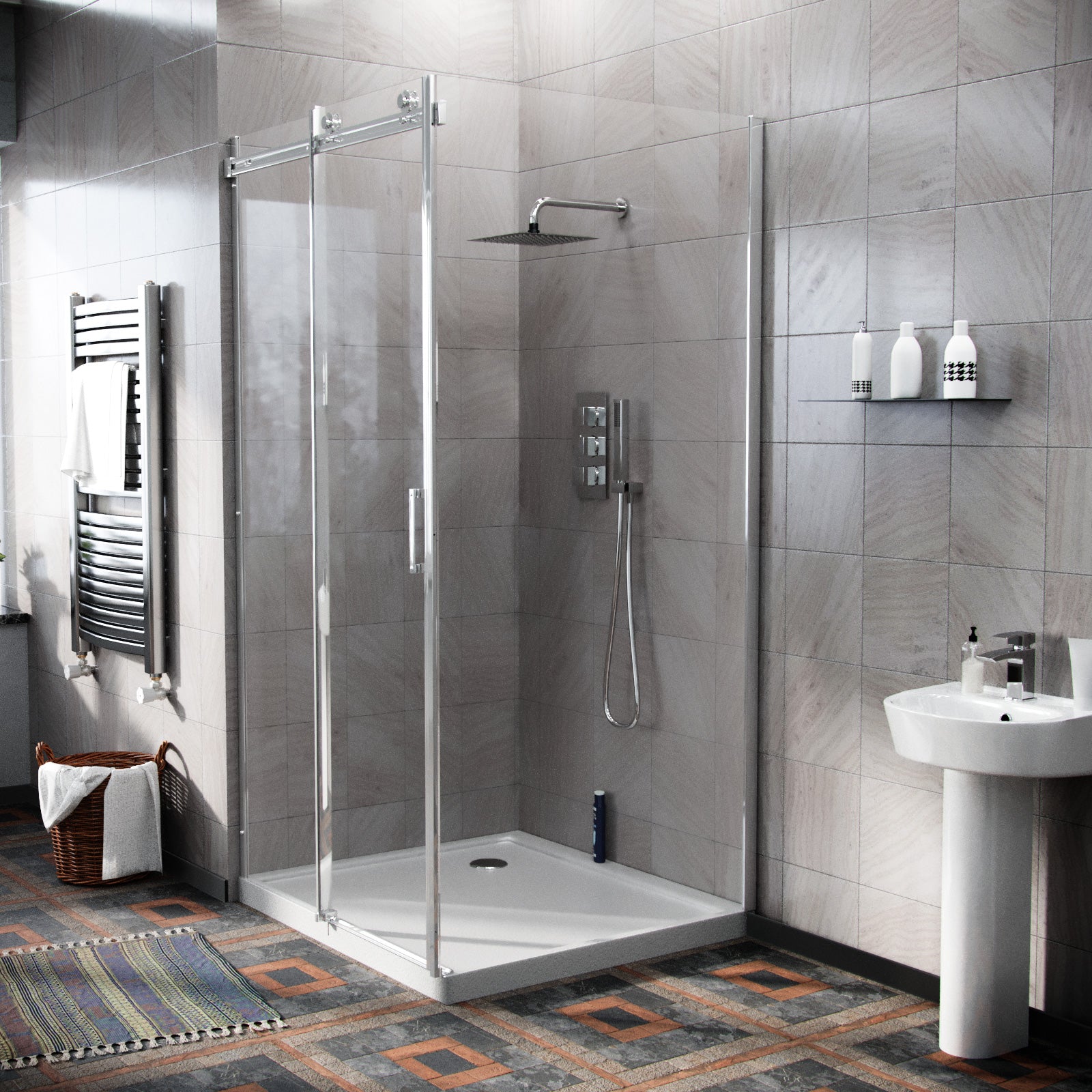 Hardwick 1000mm x 900mm Frameless Sliding Shower Door Enclosure, Tray & Waste