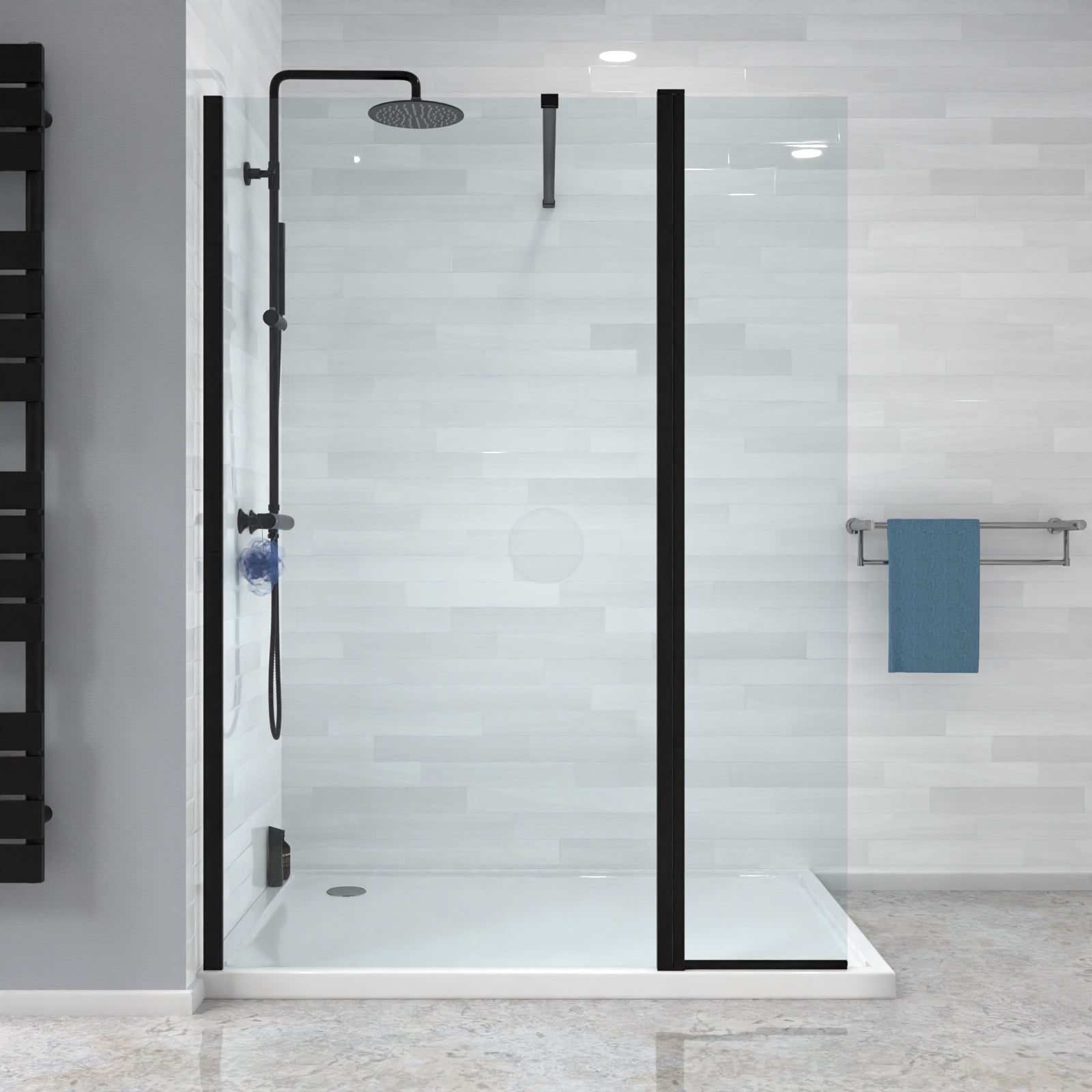 Modern shower setup with glass door, black fixtures, and a towel rack.