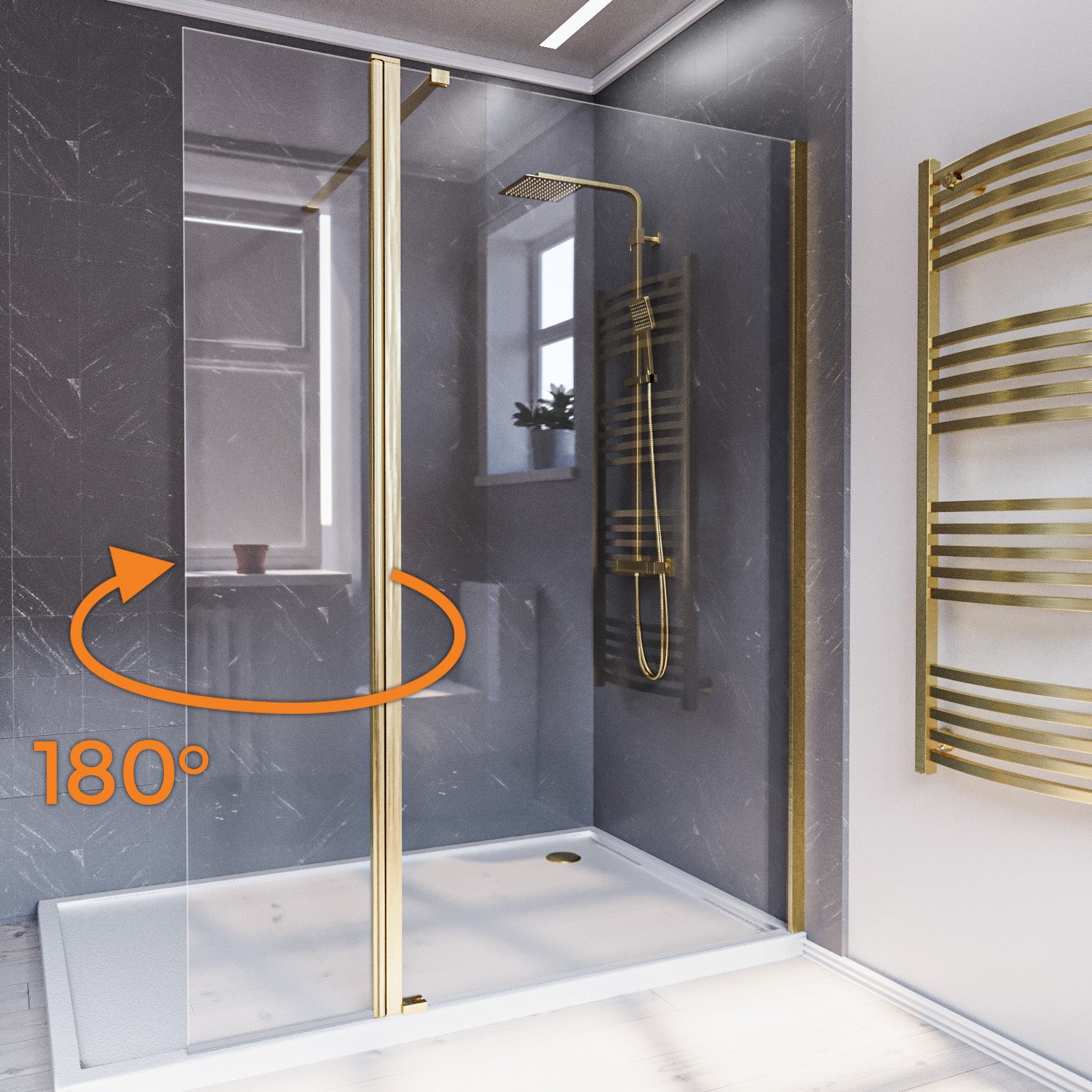 Brushed Brass 1200mm Screen 8mm Tempered Glass With 300mm Flipper Panel