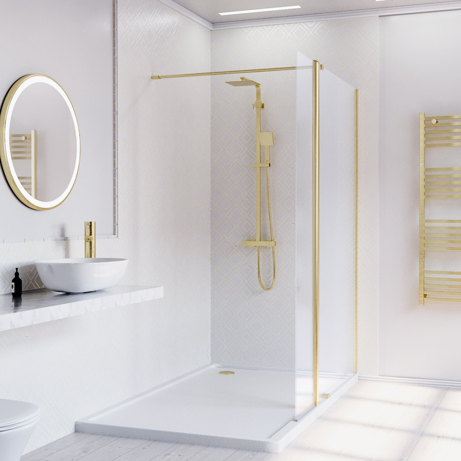 Brushed Brass 1000mm Wet Room Screen 8mm Glass & Flipper Return Panel
